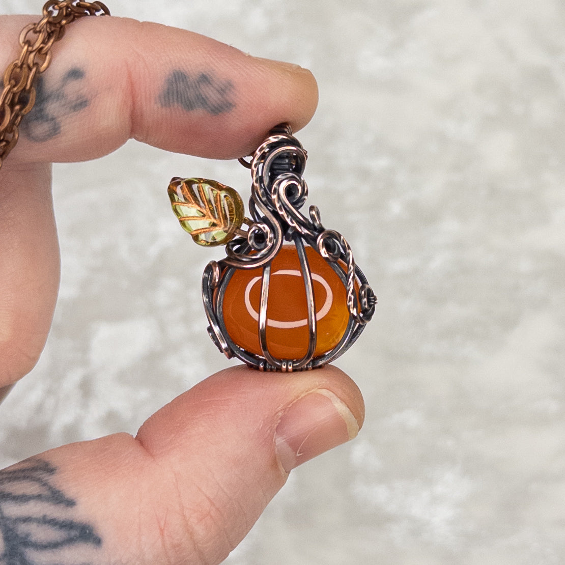 Orange Carnelian Antiqued Copper Pumpkin Pendant With Czech Glass Leaf