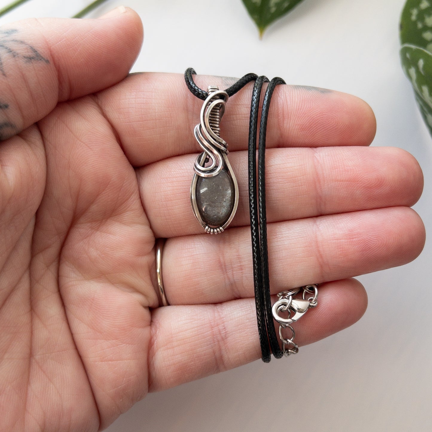 Dainty Black Moonstone & Sterling Silver Wrapped Pendant
