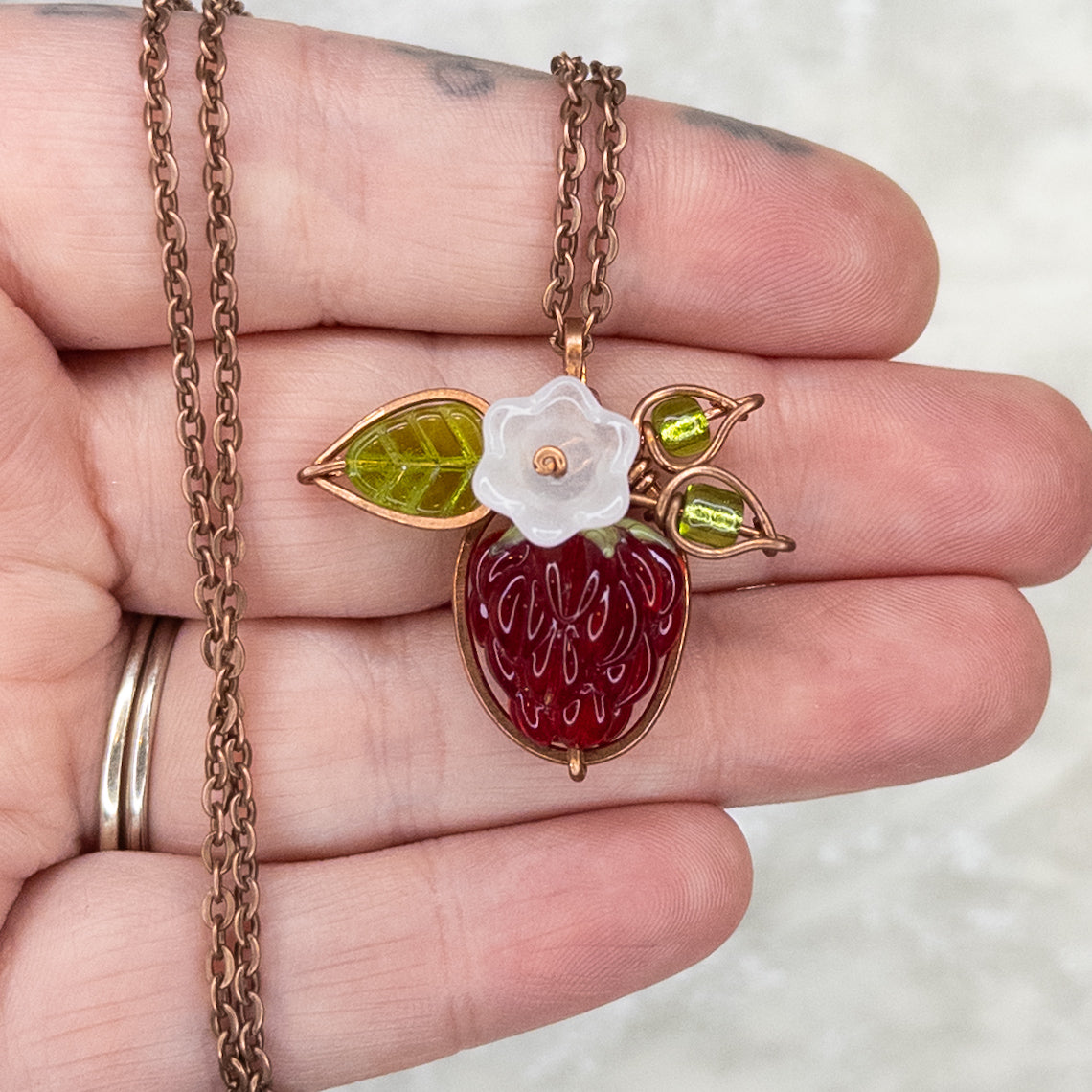 Whimsical Glass Raspberry Copper Wrapped Pendant with Glass Flower - A