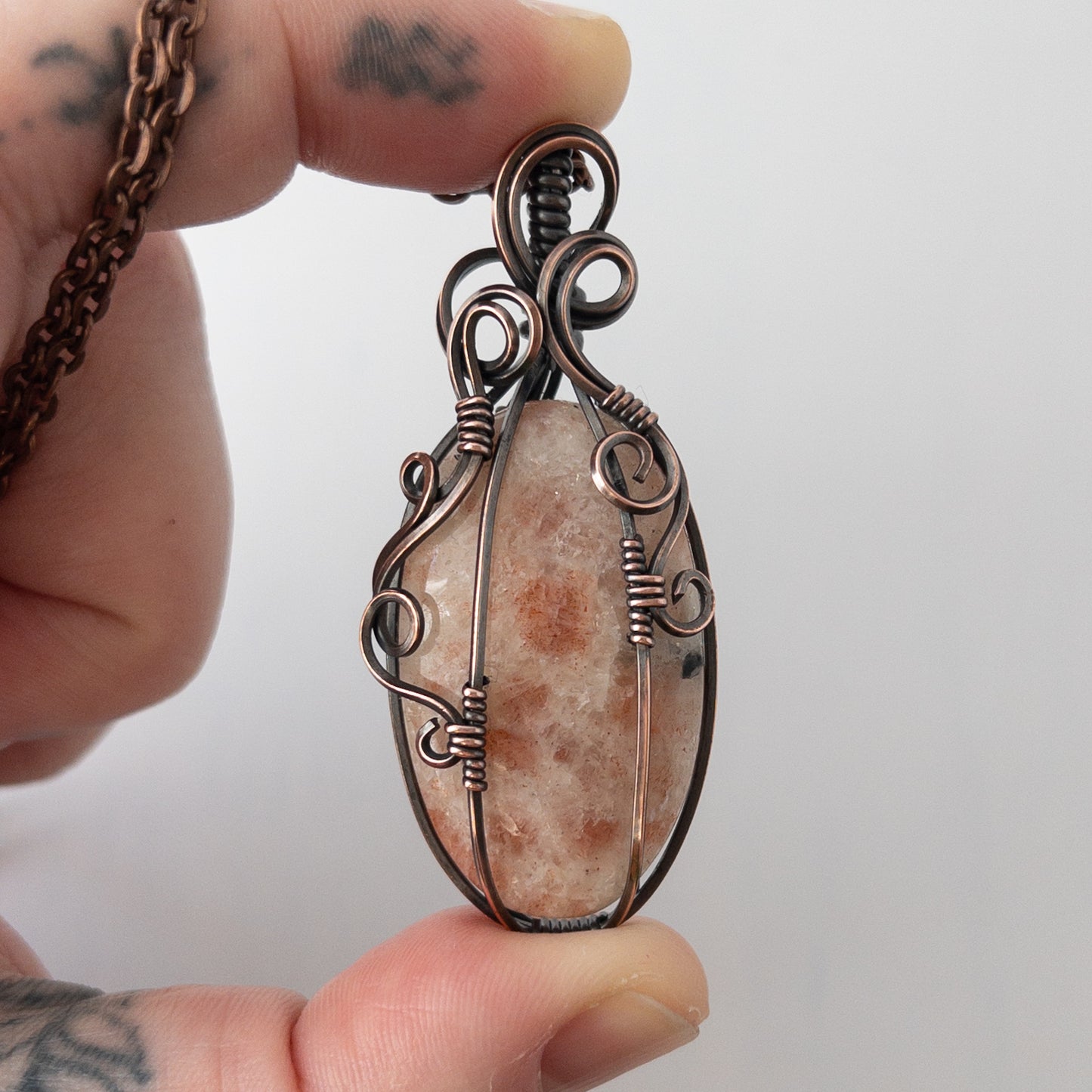 Tall Sunstone Pumpkin Antiqued Copper Wrapped Pendant