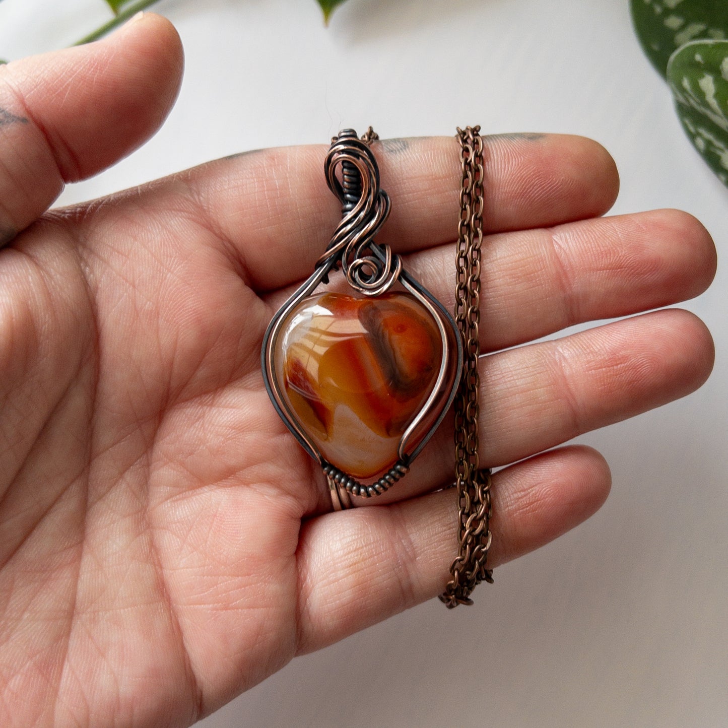 XL Carnelian Heart & Copper Wrapped Pendant - A