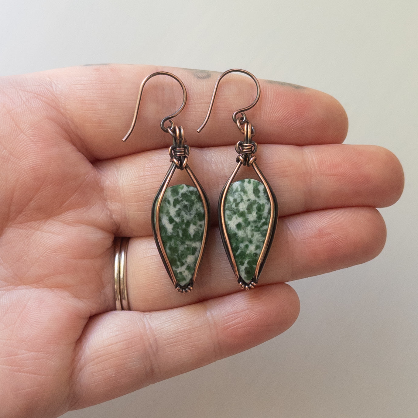 Green Spot Jasper Antiqued Copper Wrapped Earrings