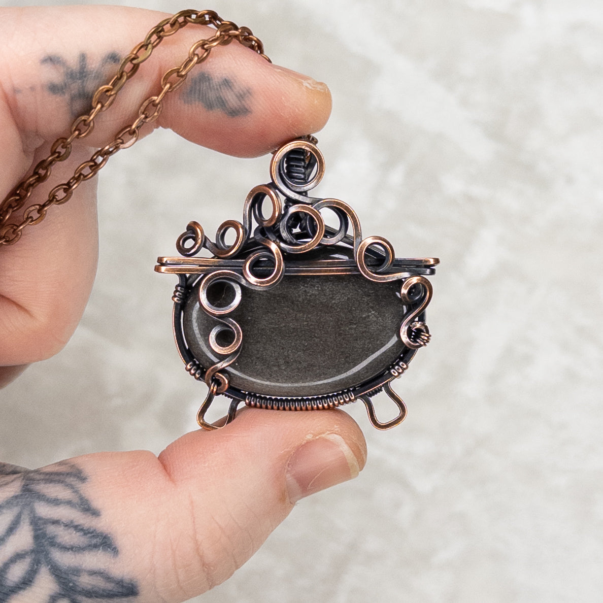 Silver Sheen Obsidian “Bubbling Cauldron” Antiqued Copper Pendant