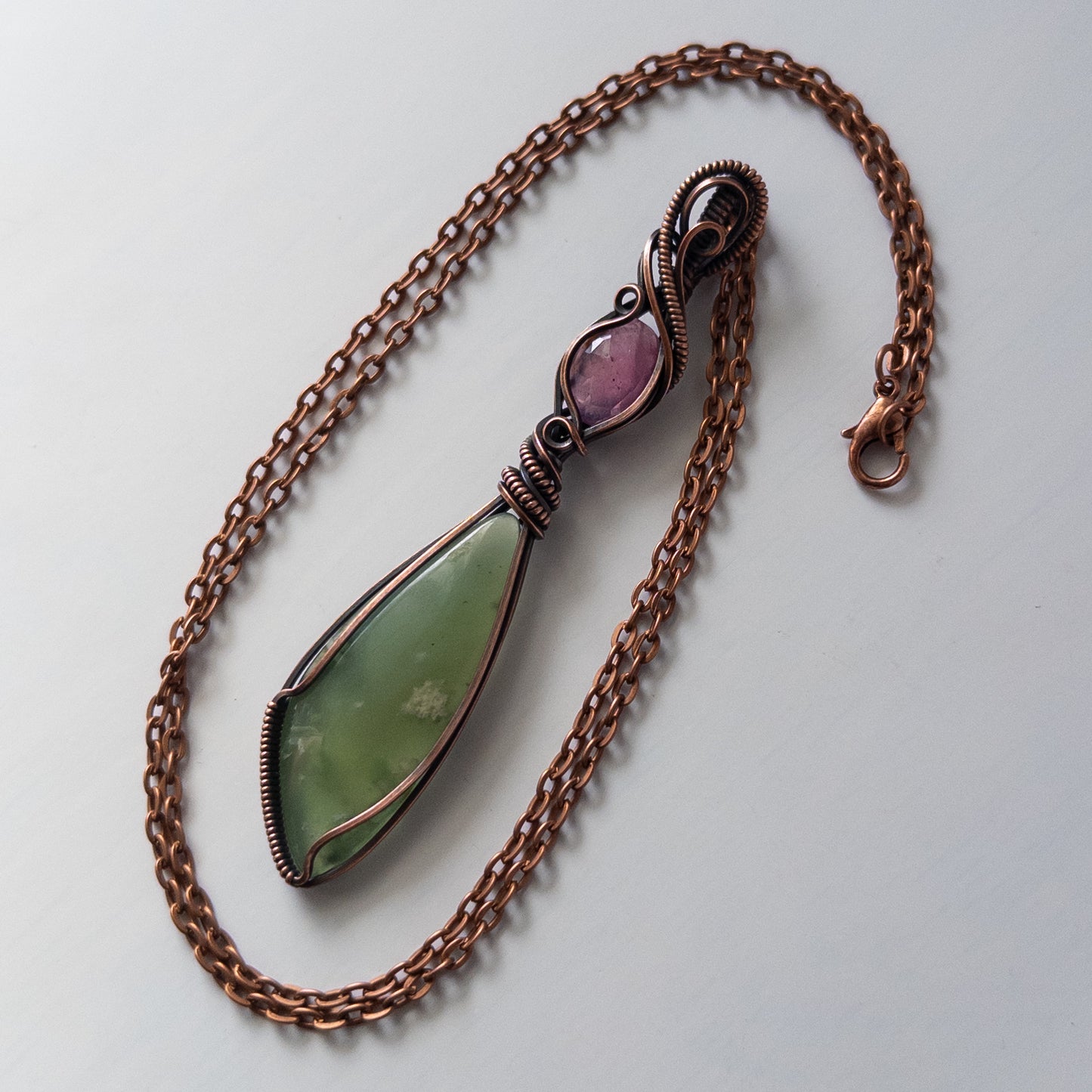 Tulip Inspired Prehnite & Pink Sapphire Antiqued Copper Wrapped Pendant