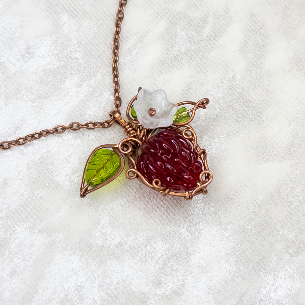 Whimsical Glass Raspberry Copper Wrapped Pendant with Glass Flower - B