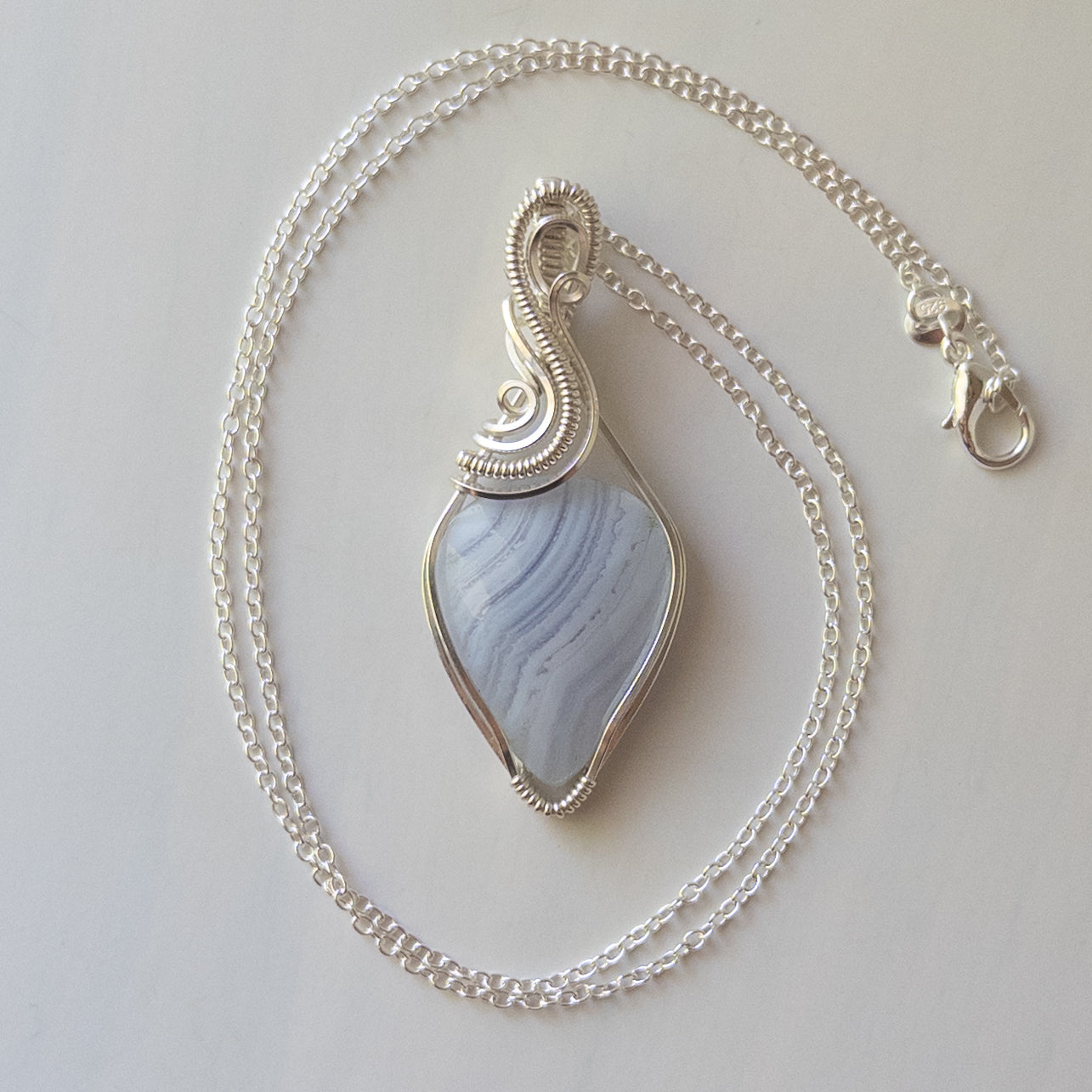 Rose Cut Blue Lace Agate Sterling Silver Wrapped Pendant