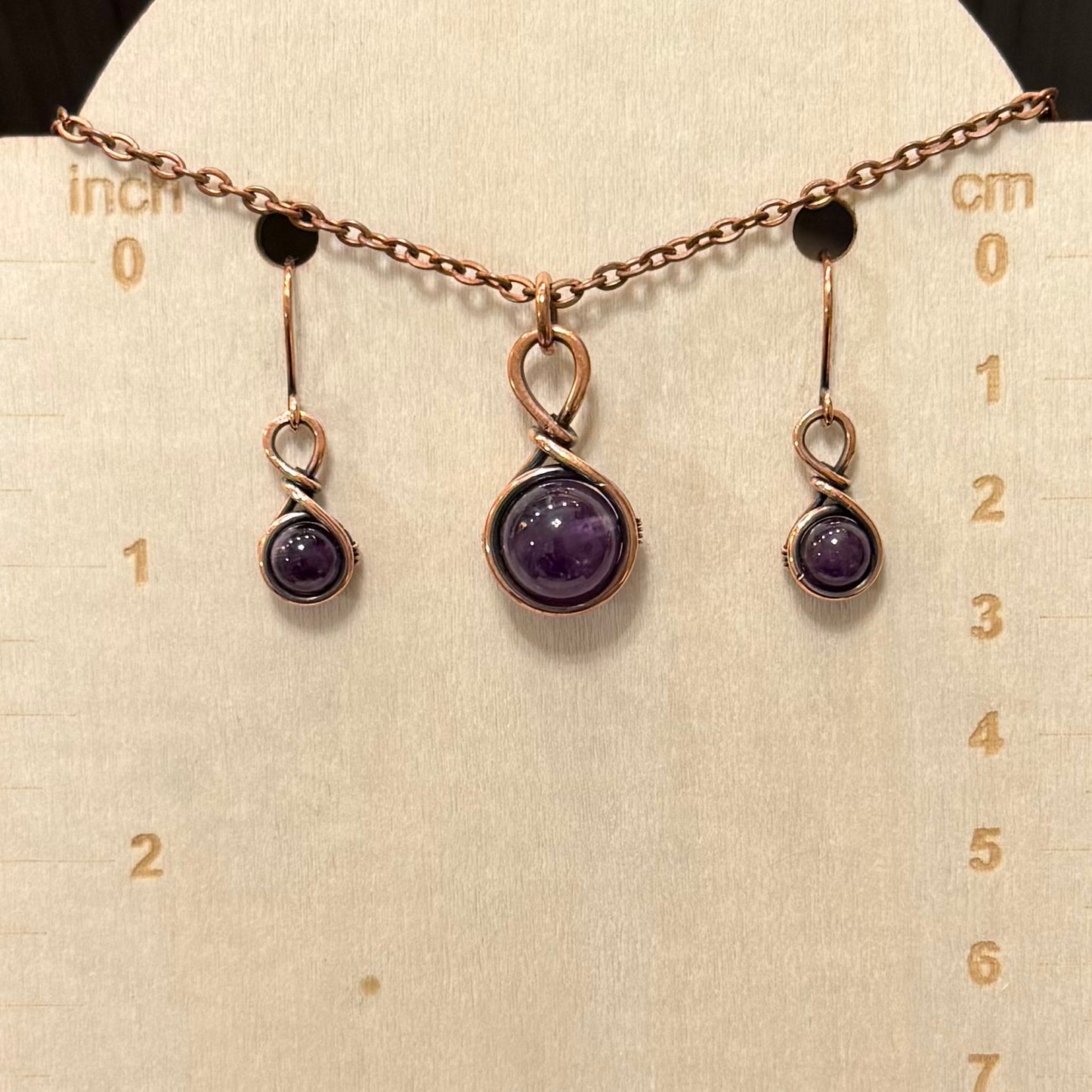 Drops of Amethyst Antiqued Copper Pendant & Earrings Set