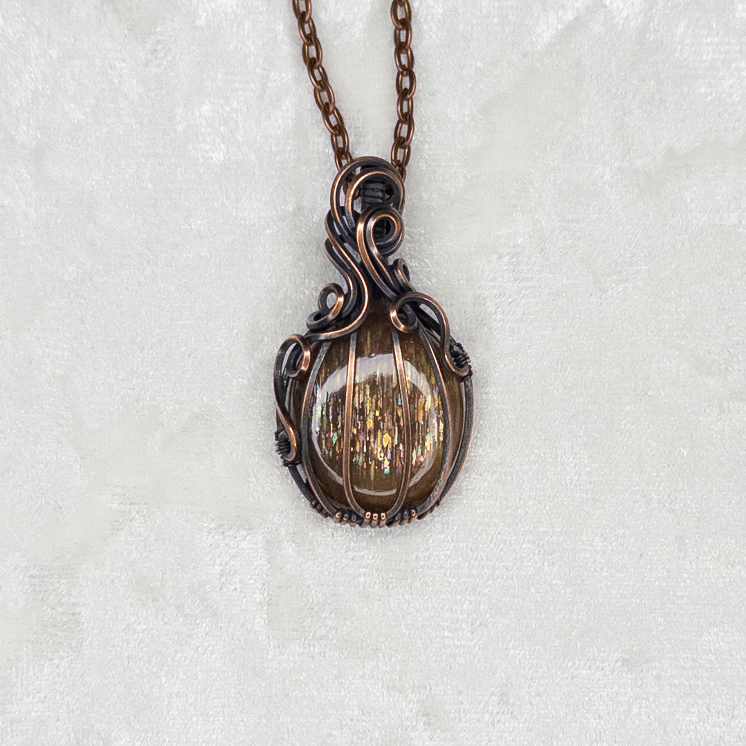 Meteor Shower Sunstone Antiqued Copper Pumpkin Pendant