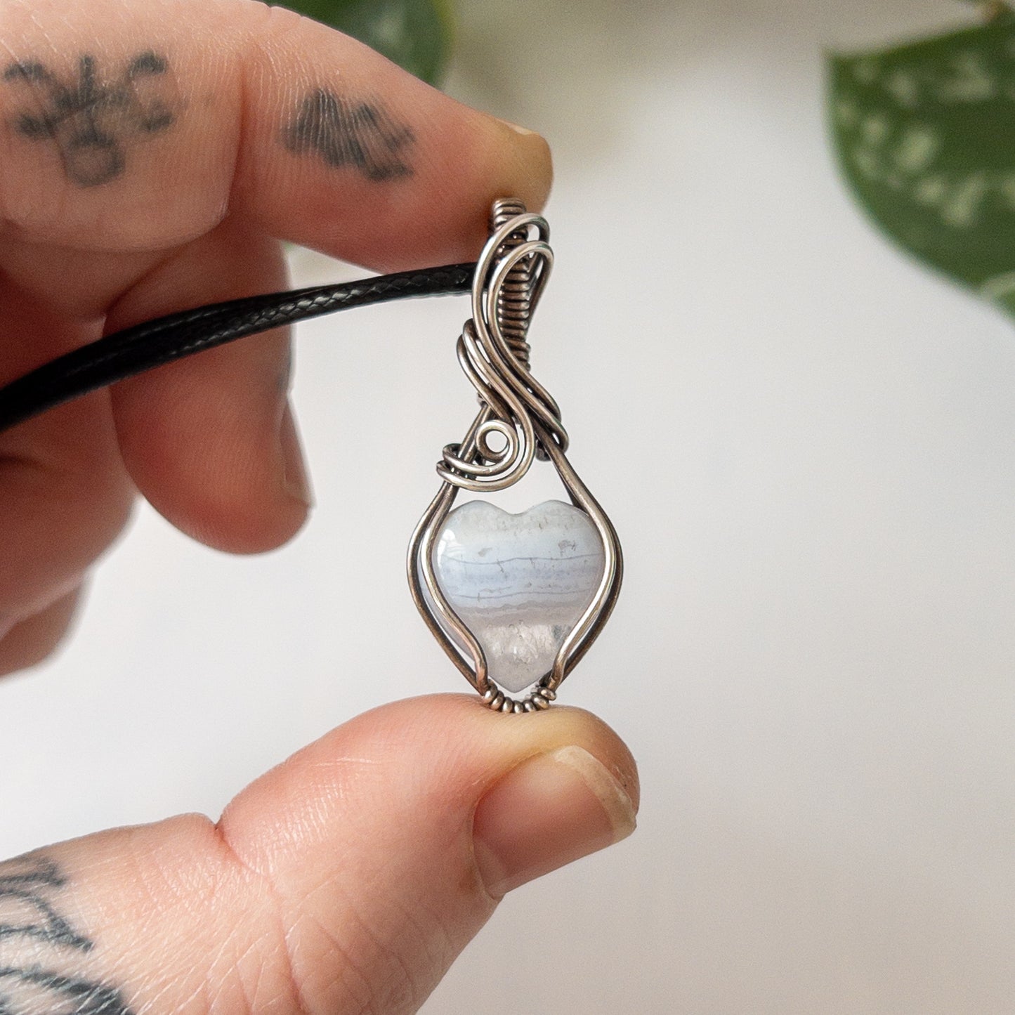 Mini Blue Lace Agate Heart & Sterling Silver Pendant - A