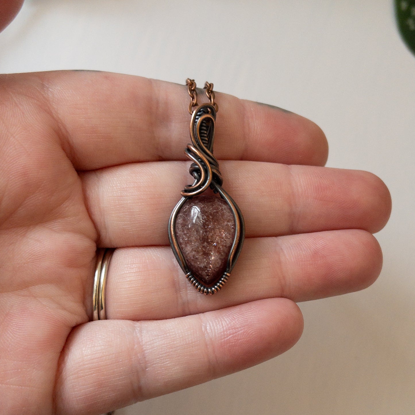 Strawberry Quartz & Copper Wrapped Pendant