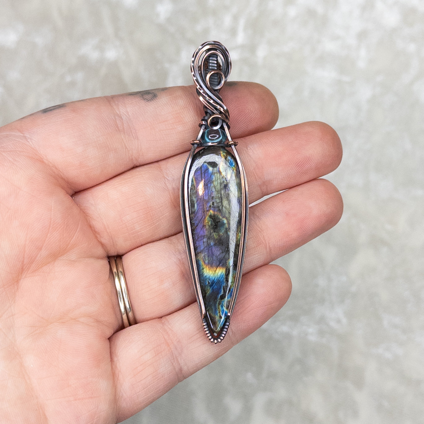 “Lightning Storm” Labradorite & Paraiba Apatite Antiqued Copper Wrapped Pendant