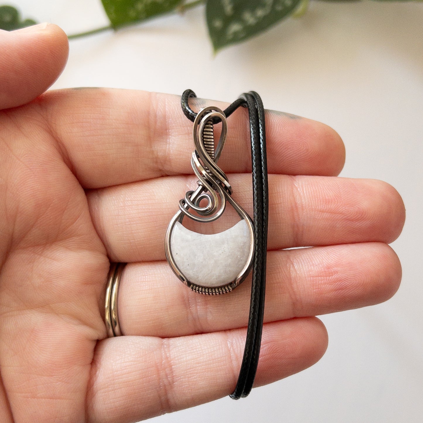 Moonstone Moon & Sterling Silver Wrapped Pendant