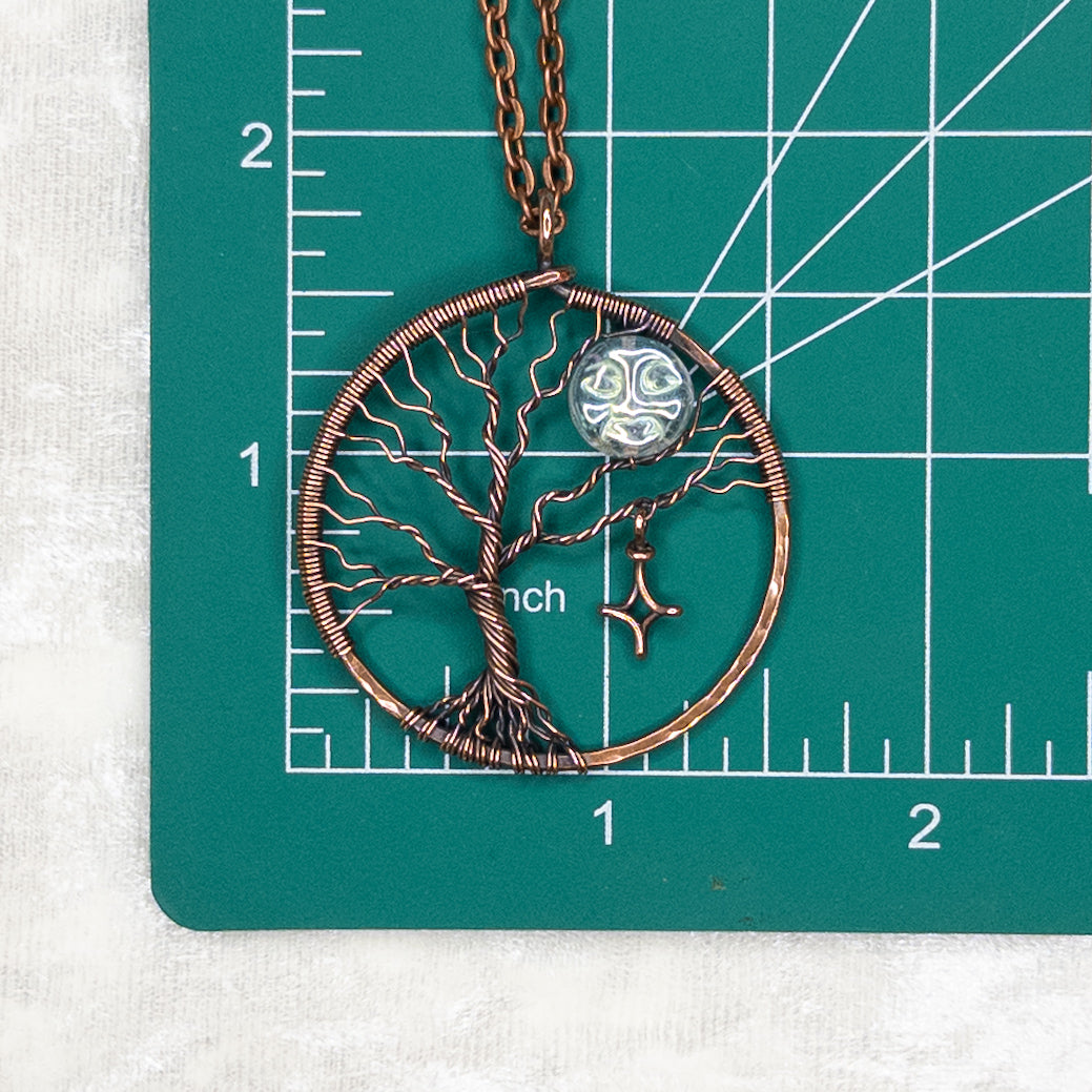 “Moon In The Tree” Antiqued Copper Pendant With Iridescent Czech Glass Bead