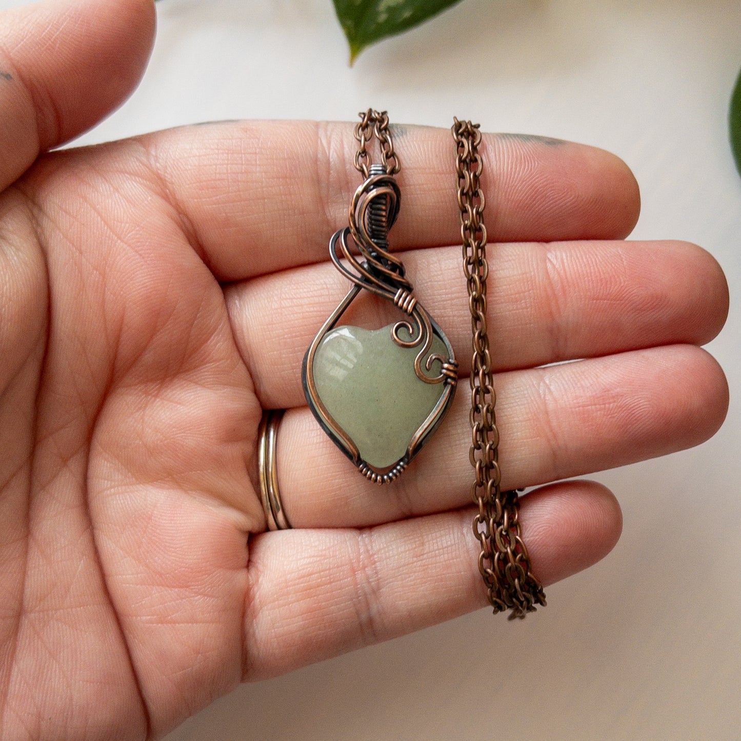Green Aventurine Heart Copper Wrapped Pendant with Swirls