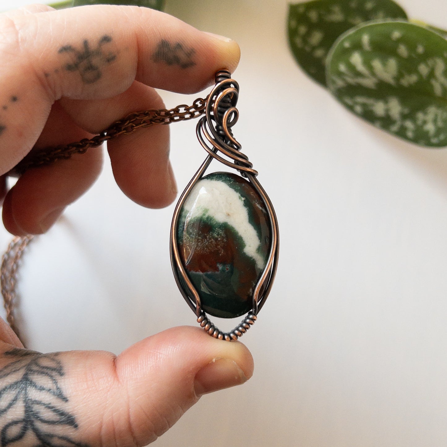 Red & Green Moss Agate & Copper Wrapped Pendant