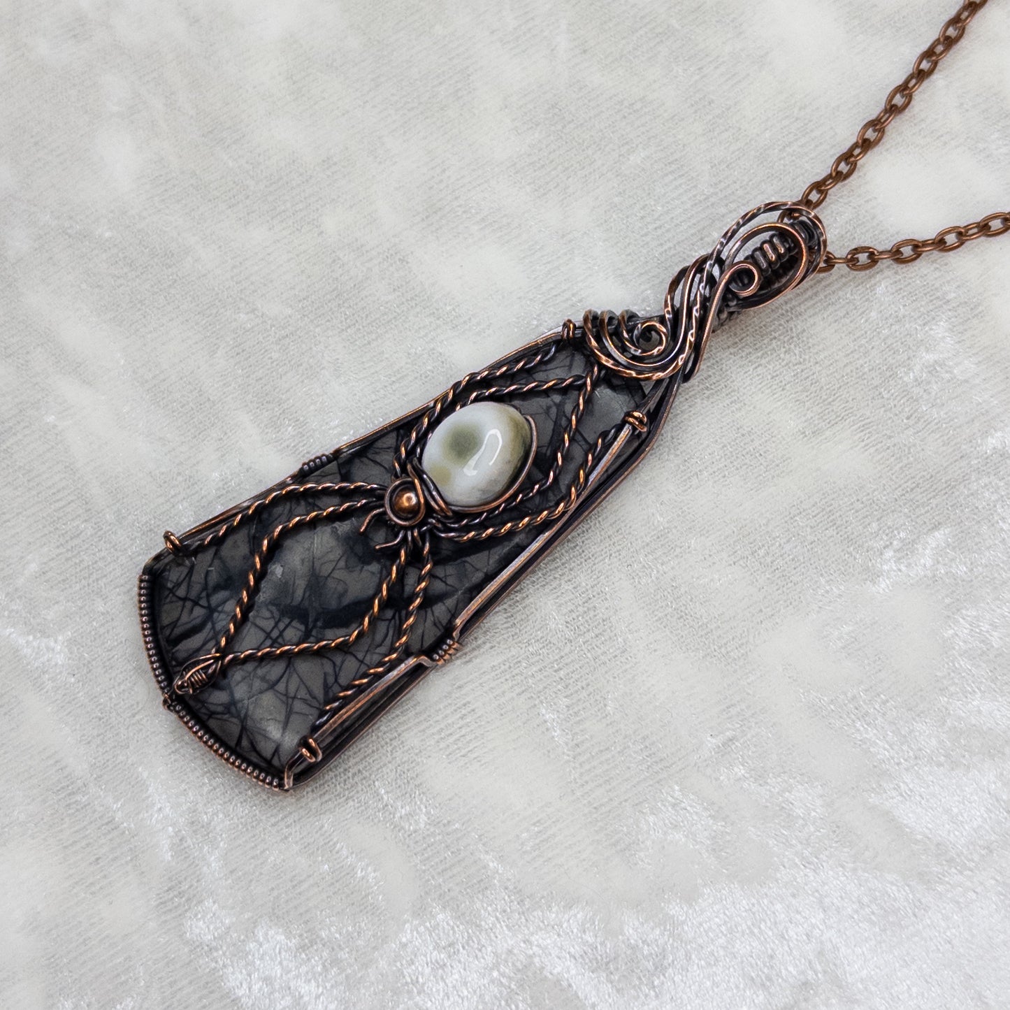 Picasso Jasper & Ocean Jasper Spider Antiqued Copper Pendant