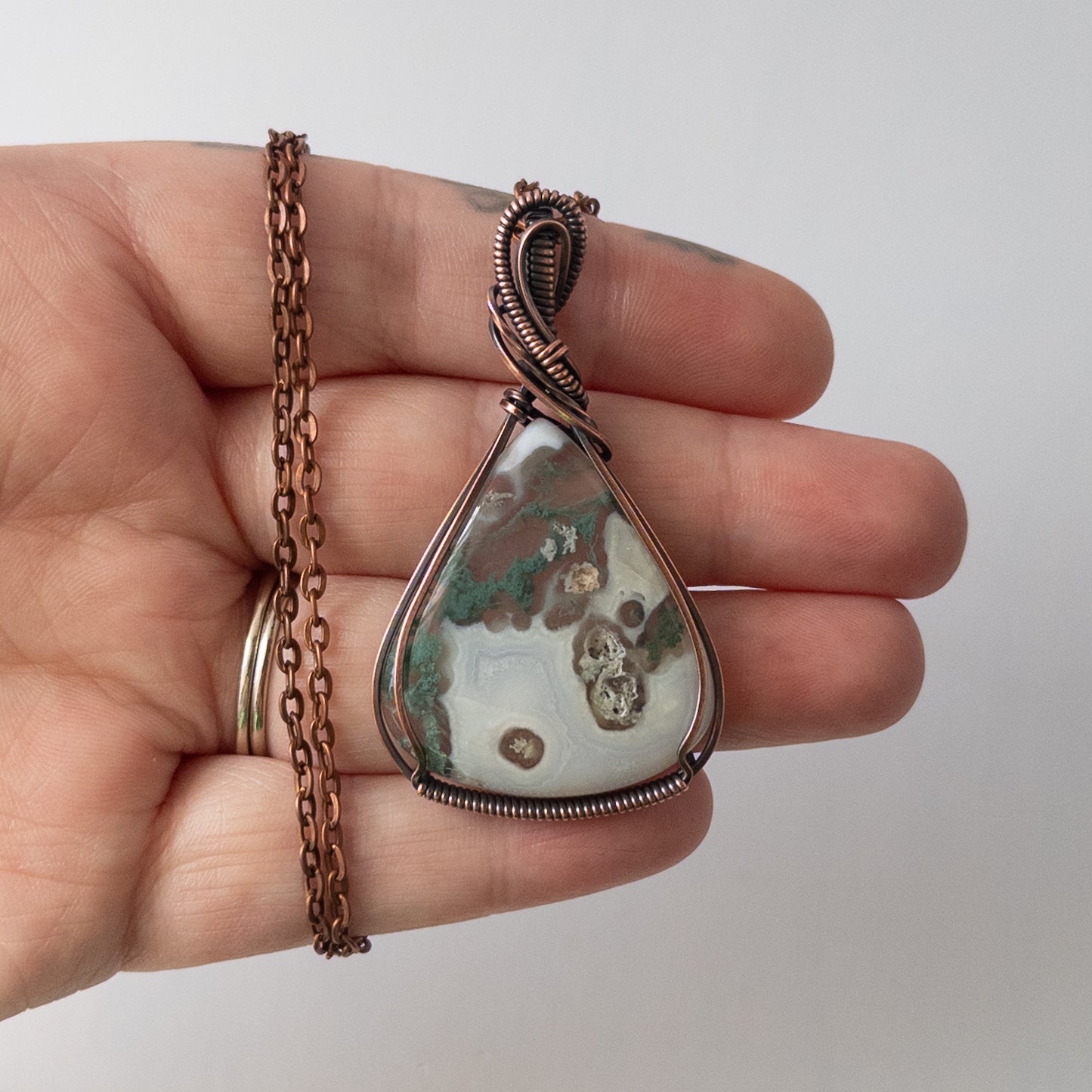 Moss & White Agate Antiqued Copper Wrapped Pendant