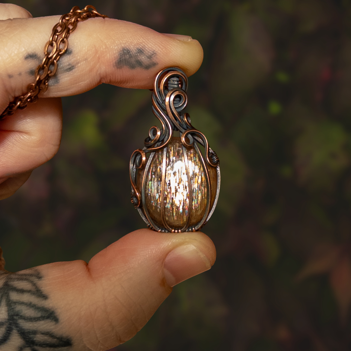 Meteor Shower Sunstone Antiqued Copper Pumpkin Pendant