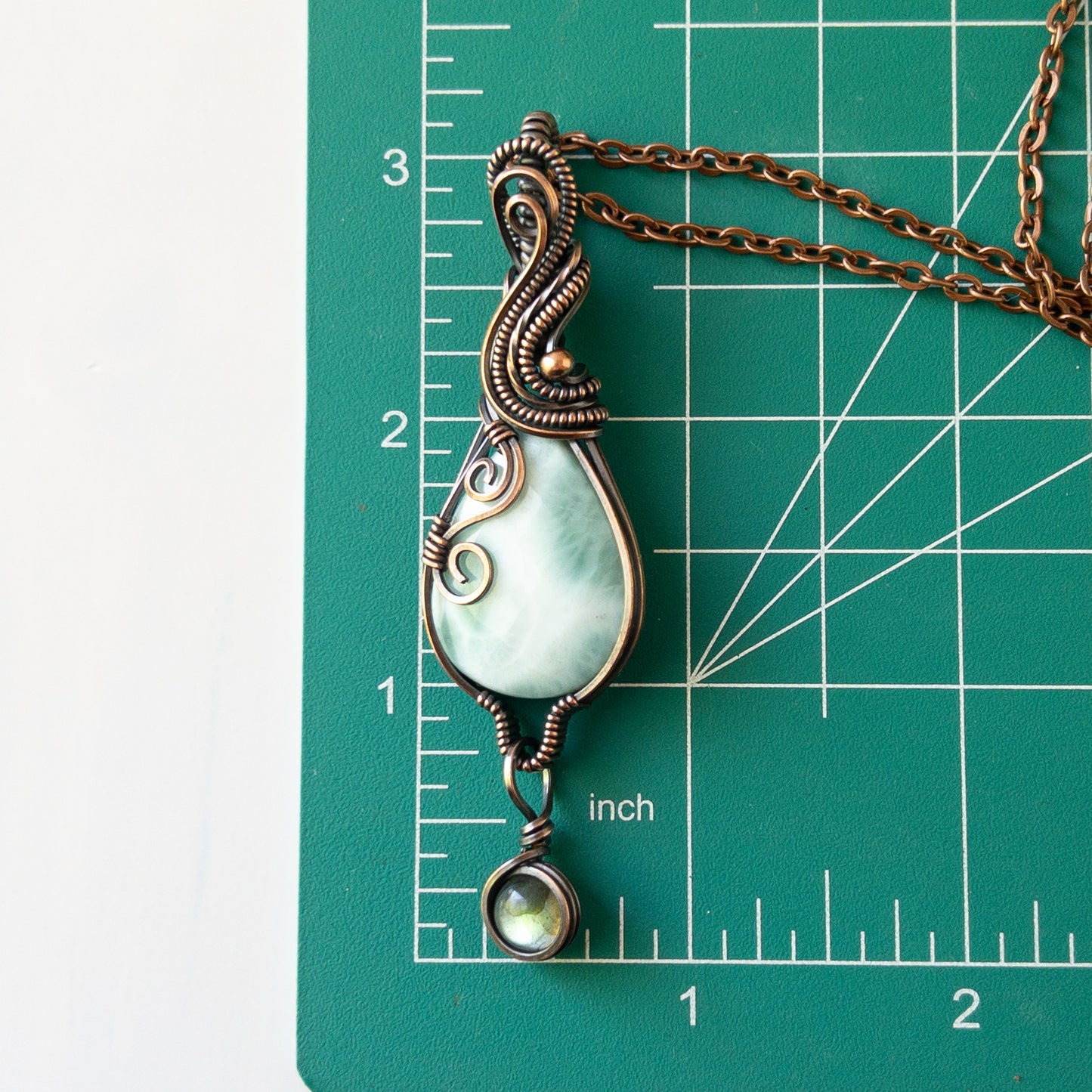 Faceted Larimar With Labradorite Charm Copper Wrapped Pendant