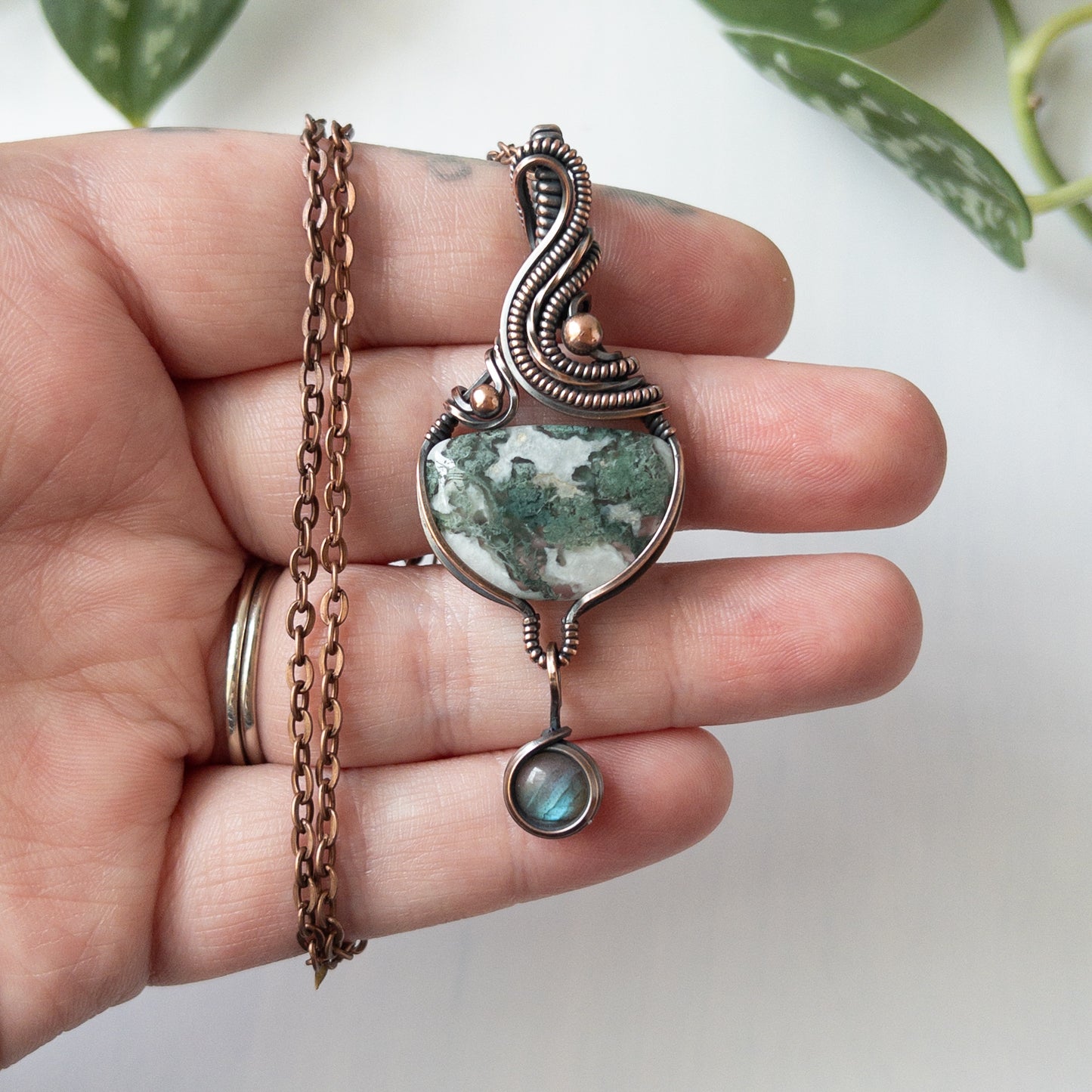 Moss Agate With Labradorite Charm & Copper Wrapped Pendant