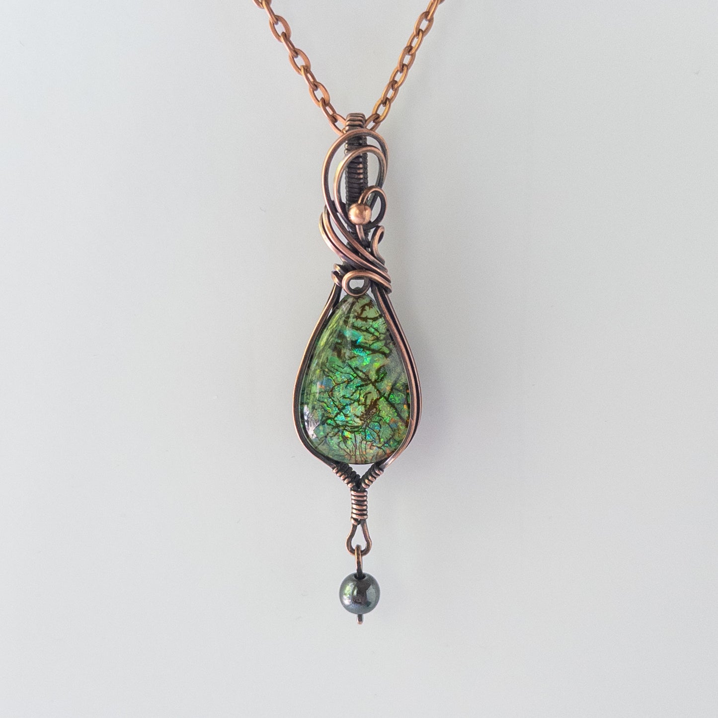 Monarch Opal & Hematite Antiqued Copper Wrapped Pendant