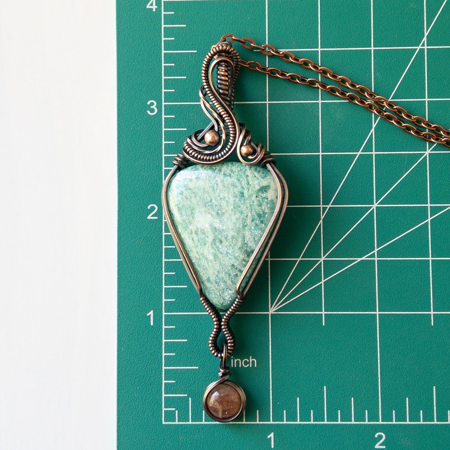Amazonite With Sunstone Charm Copper Wrapped Pendant