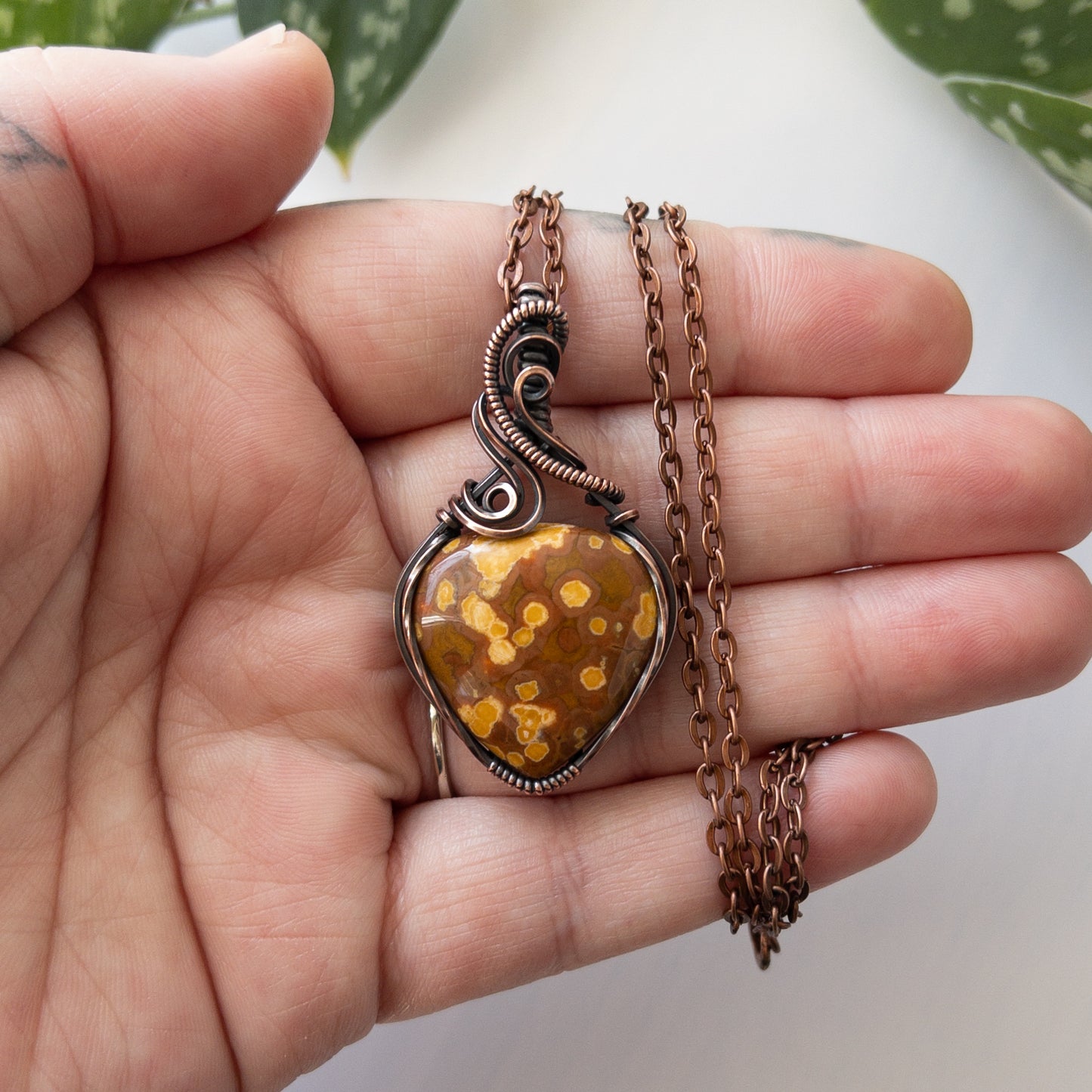 Rust Orange & Honeysuckle Yellow Ocean Jasper Copper Wrapped Pendant