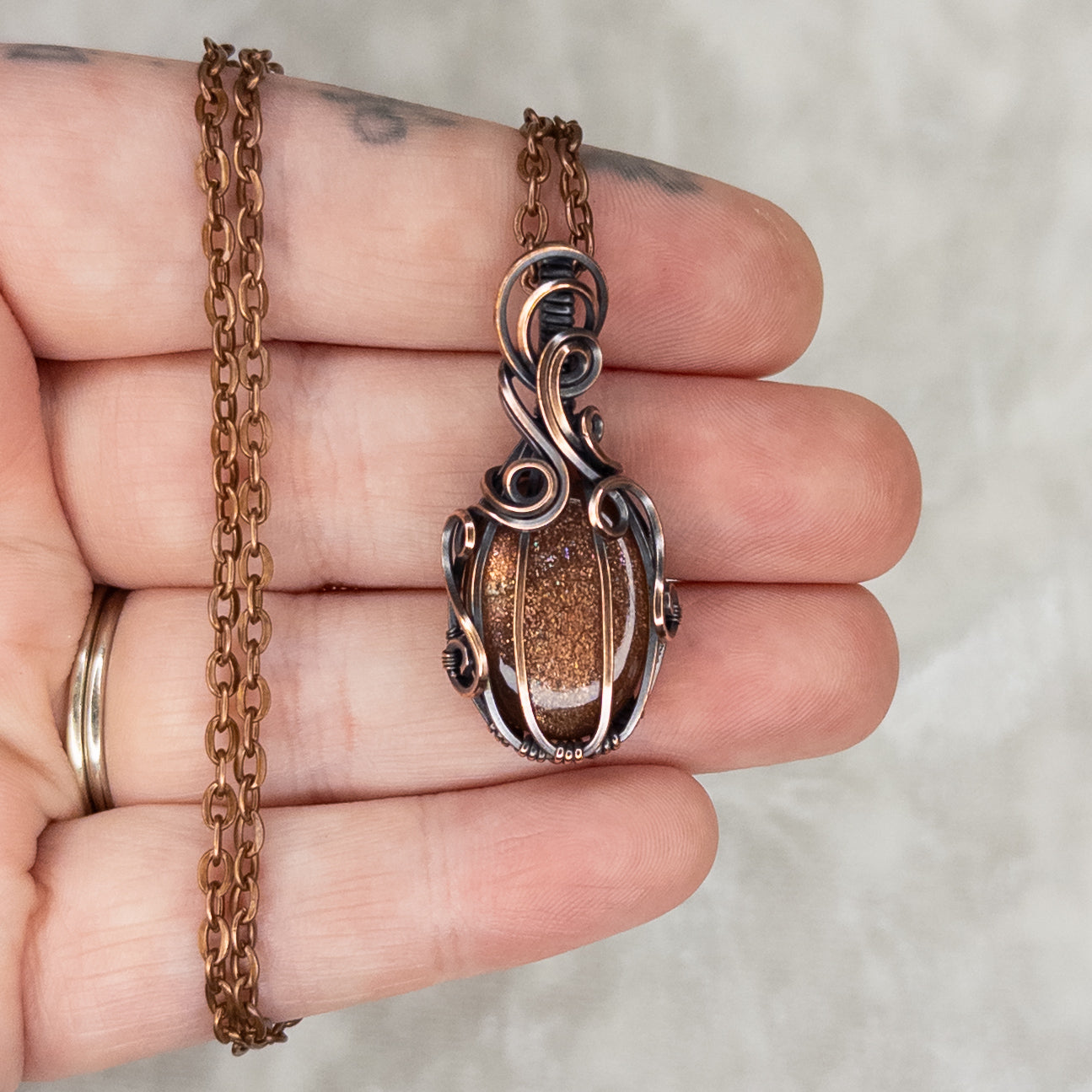 Dark Sunstone Antiqued Copper Pumpkin Pendant
