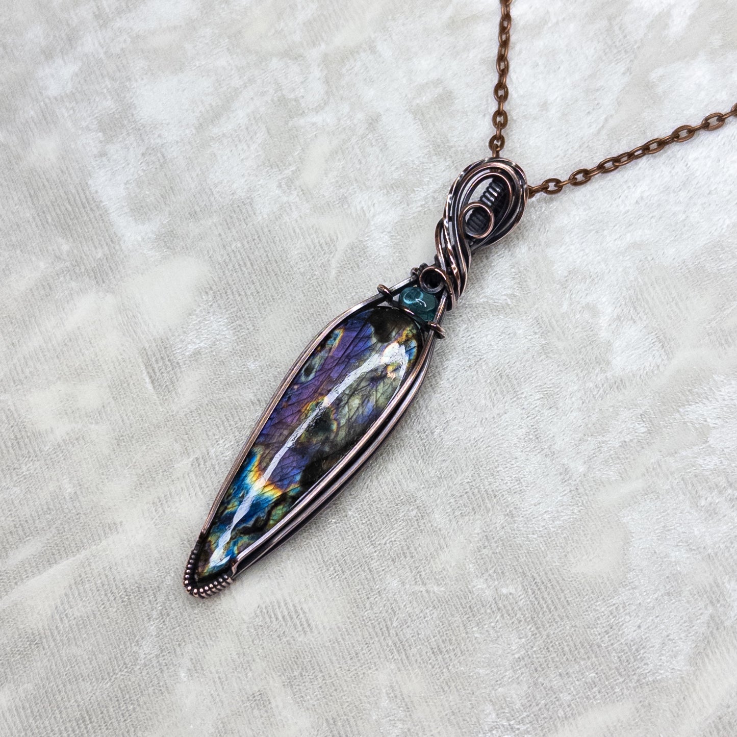 “Lightning Storm” Labradorite & Paraiba Apatite Antiqued Copper Wrapped Pendant