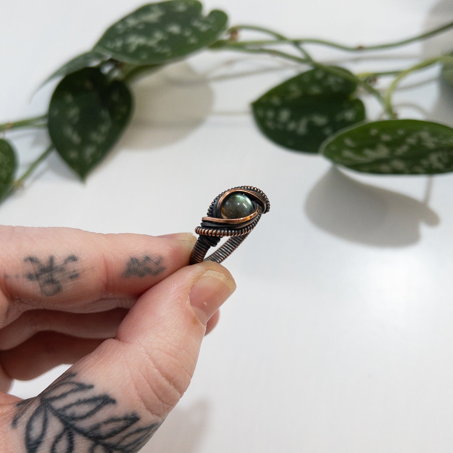 Green Labradorite & Copper Wrapped Ring US Size 8
