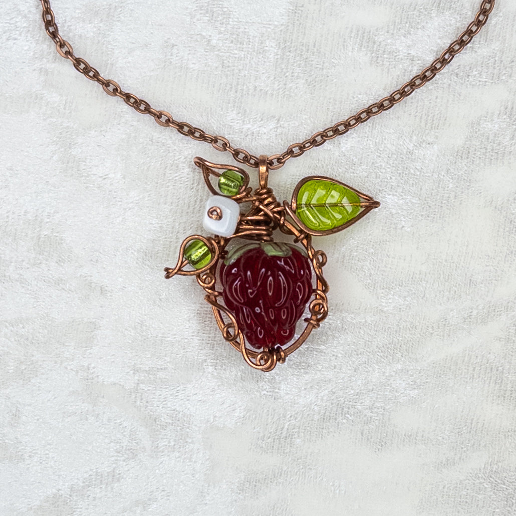 Whimsical Glass Raspberry Copper Wrapped Pendant with Shell Flower - E