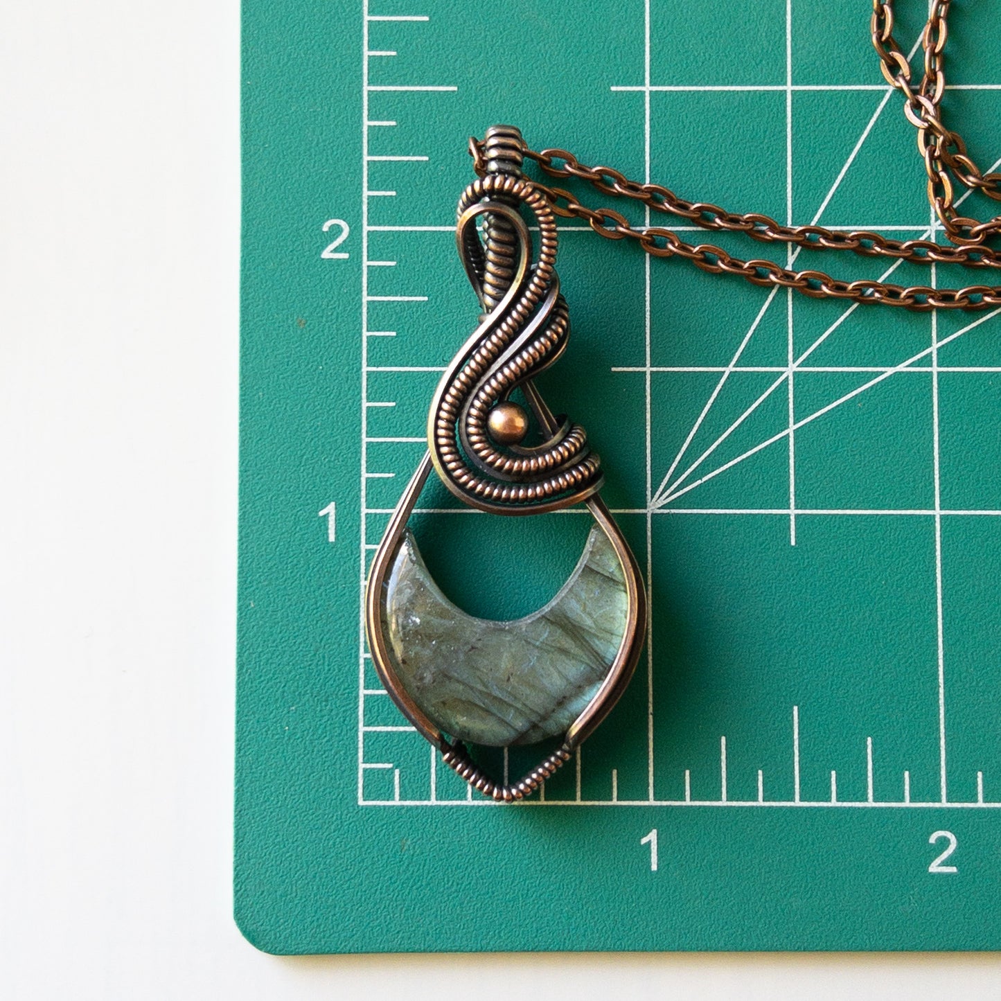 Labradorite Crescent Moon & Antiqued Copper Wrapped Pendant