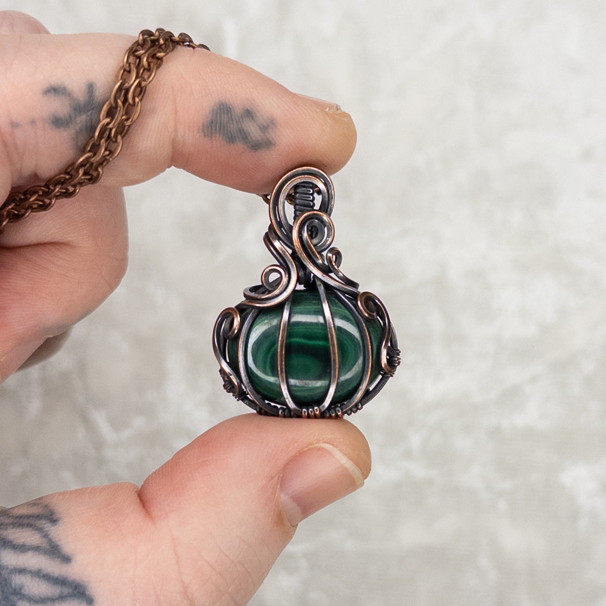 Malachite “Eye” Antiqued Copper Pumpkin Pendant
