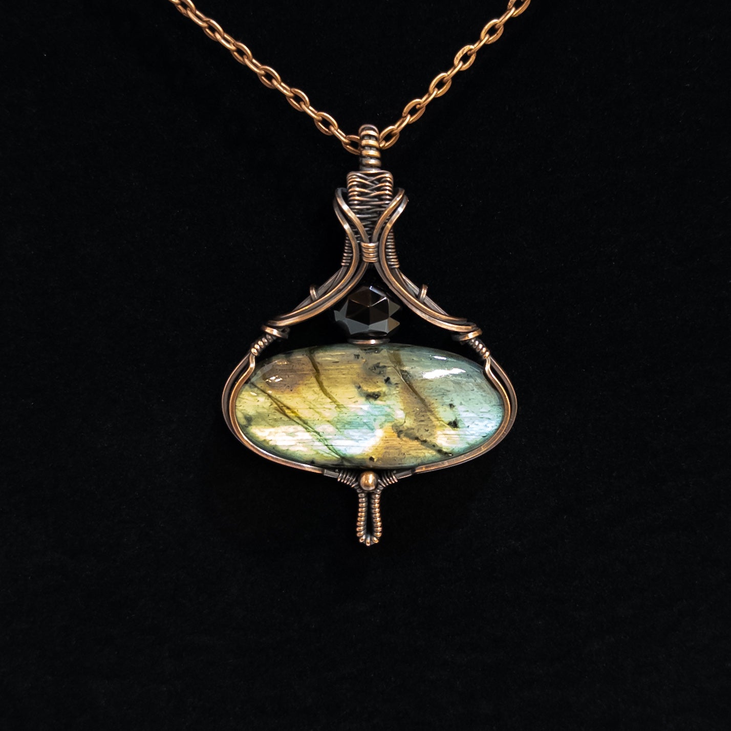 Metamorphosis - Labradorite & Faceted Black Spinel Copper Pendant