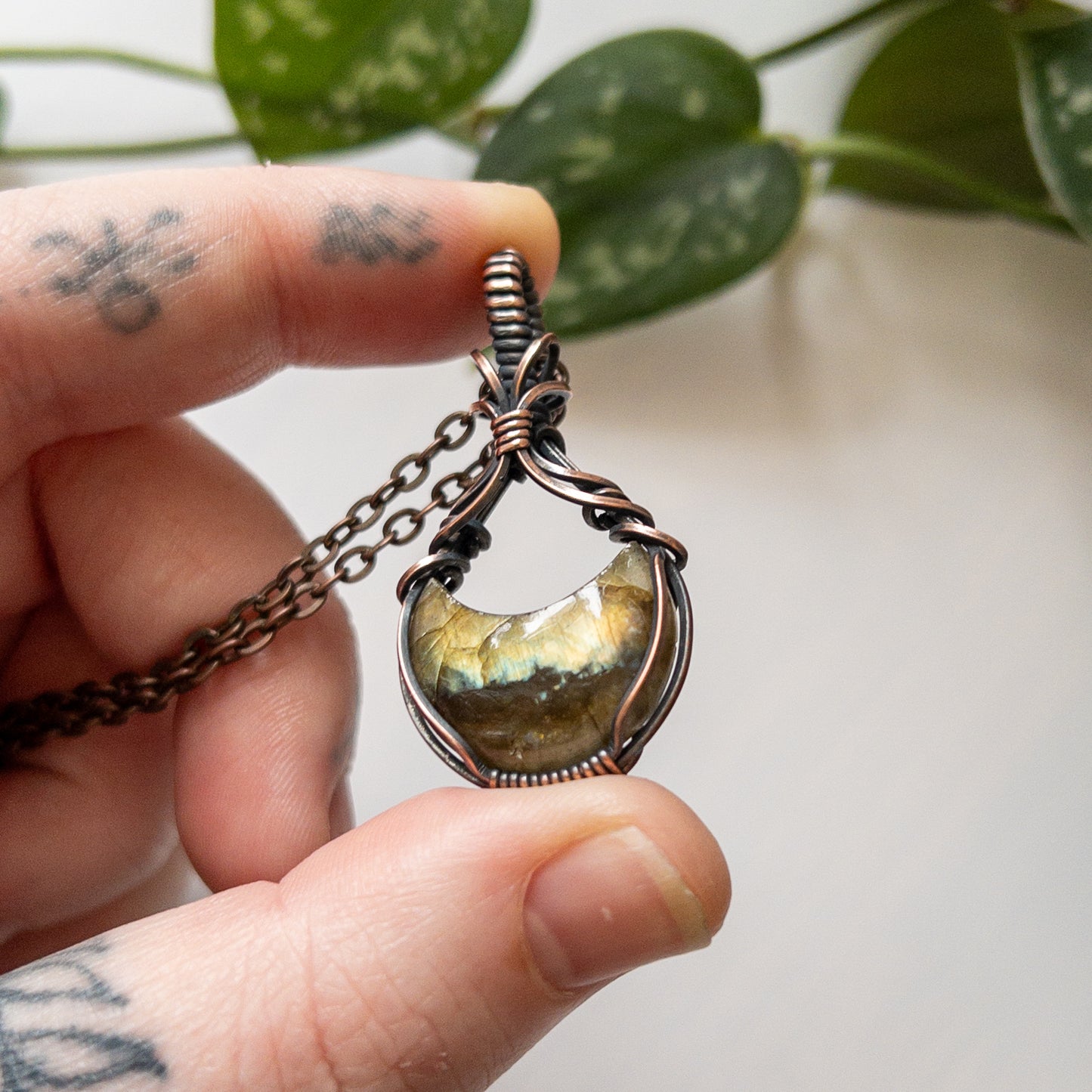 Labradorite Moon & Copper Wrapped Pendant