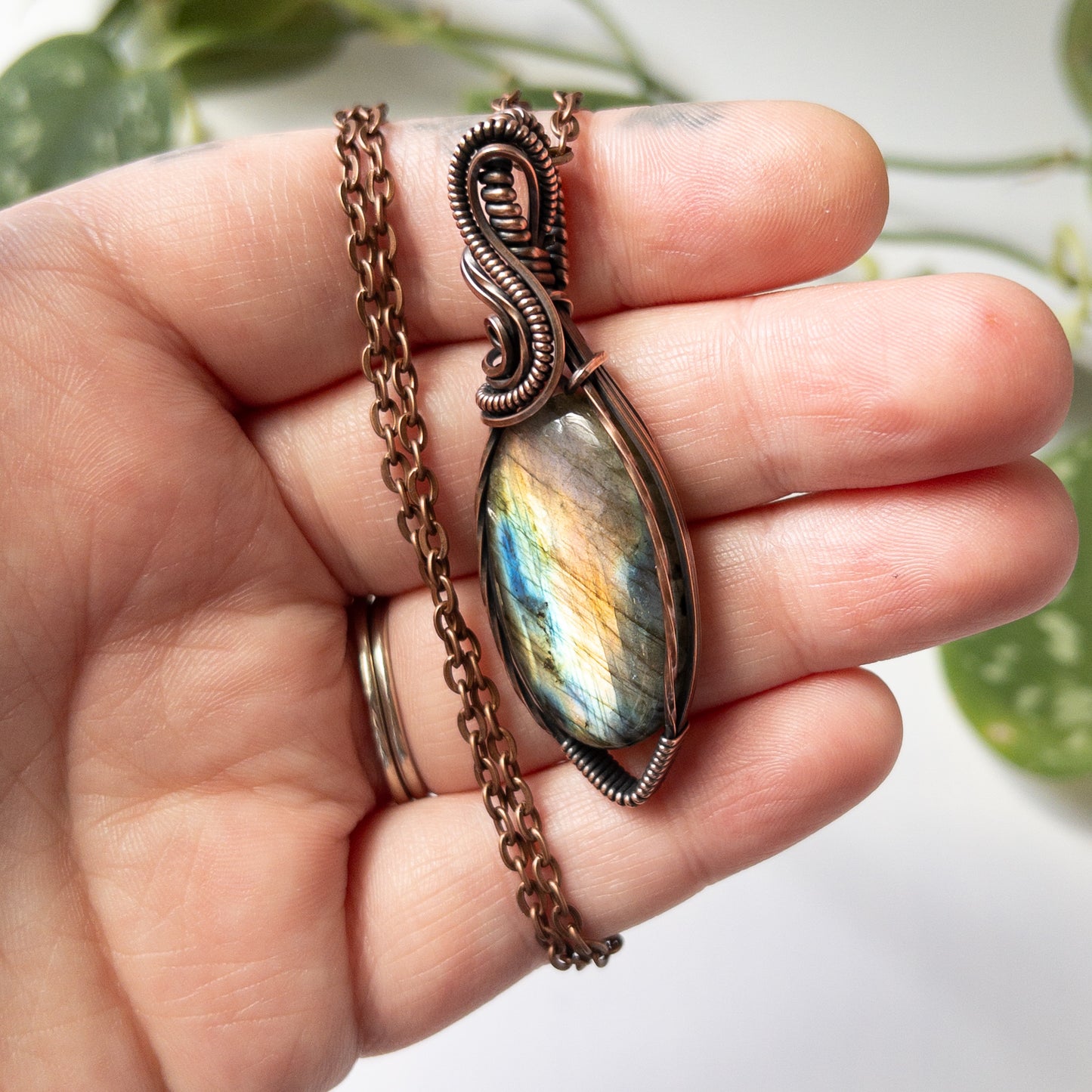Rainbow Flash Labradorite Copper Wrapped Pendant