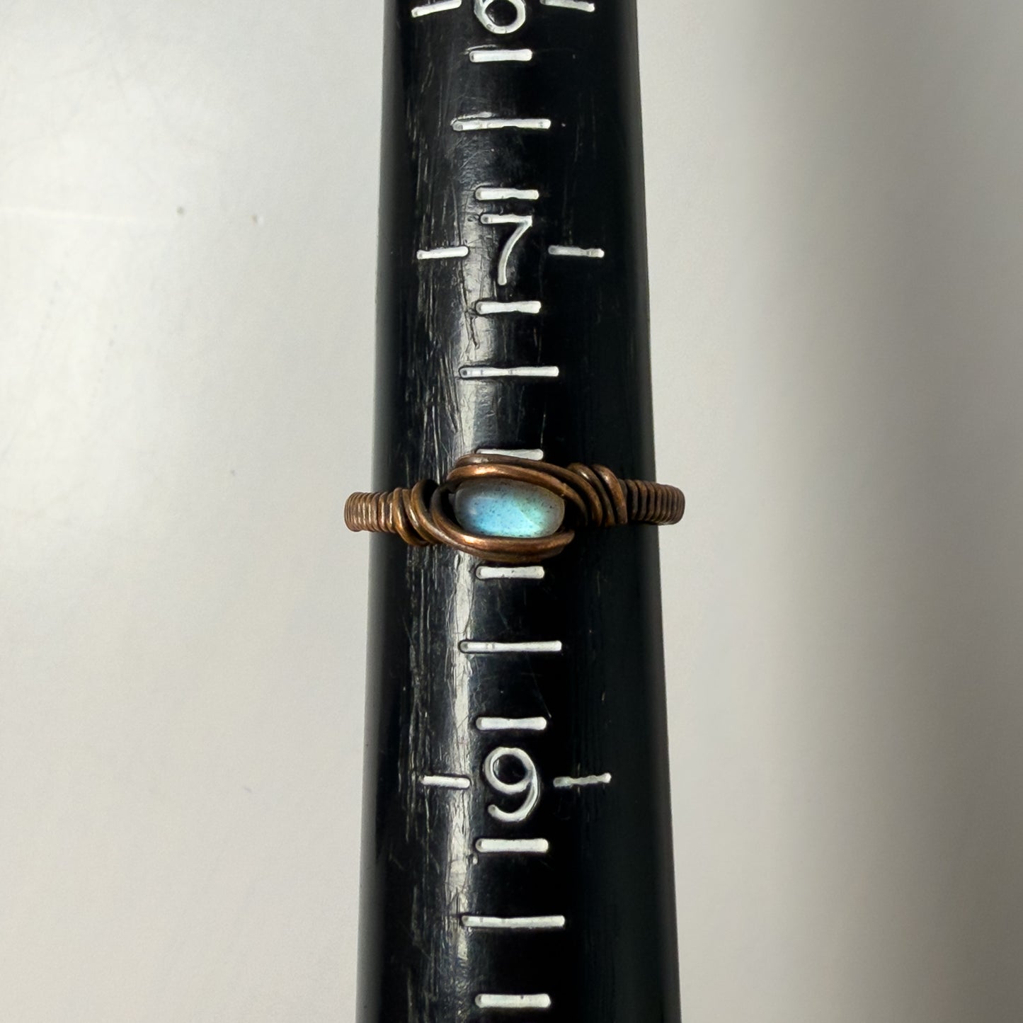 Dainty Light Blue Labradorite Wrapped Band Copper Ring 8