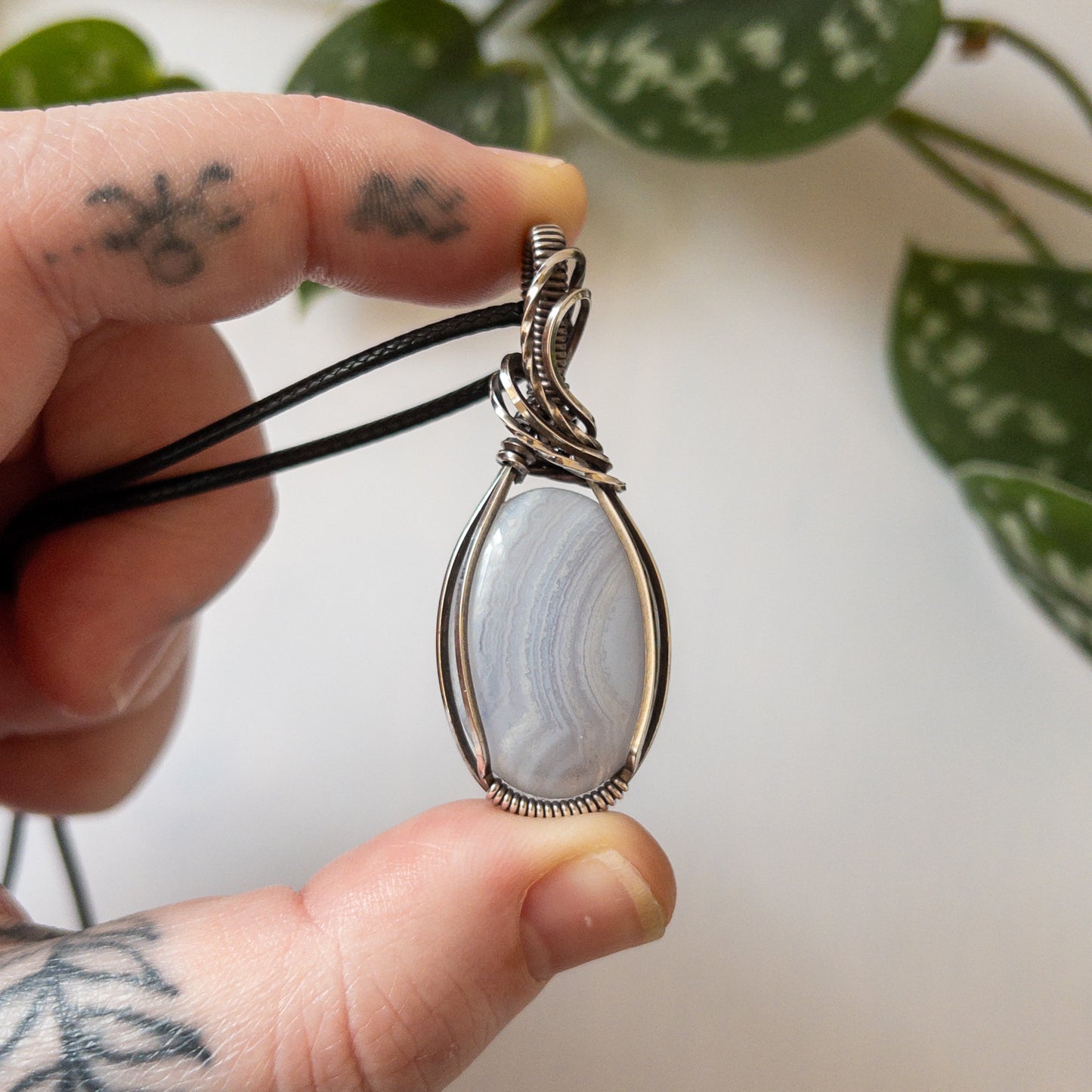 Blue Lace Agate & Sterling Silver Wrapped Pendant