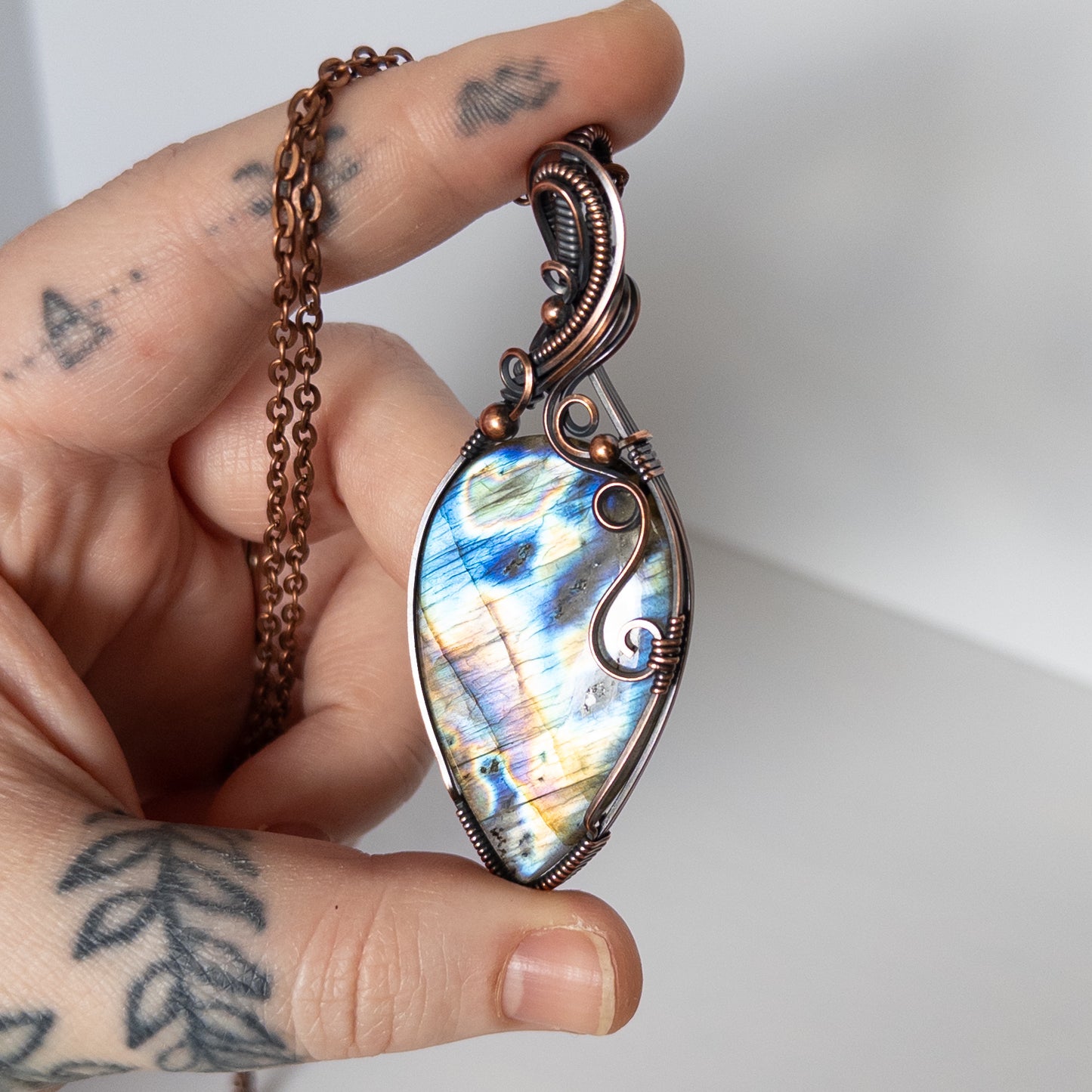 Large Multicolor Labradorite Antiqued Copper Wrapped Pendant