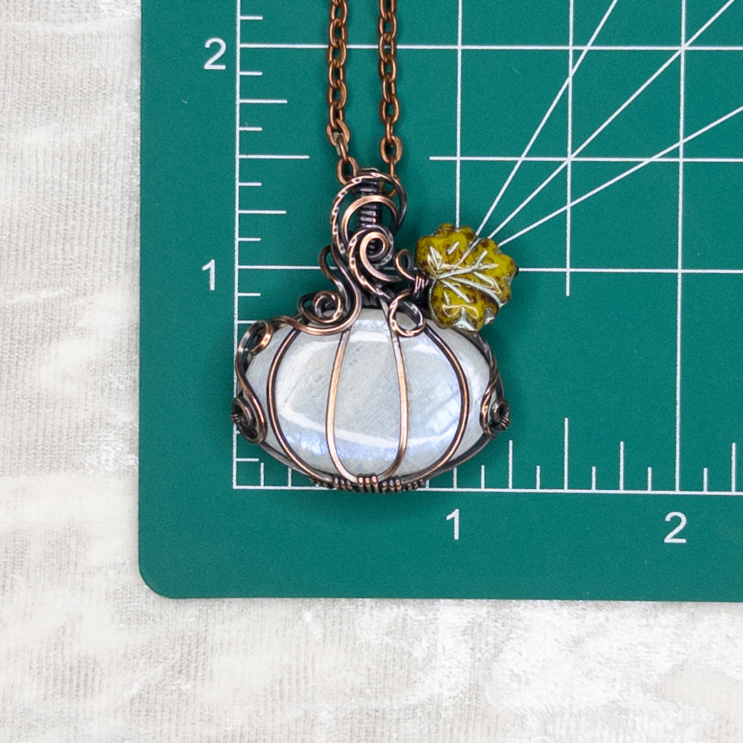 Moonstone Antiqued Copper Pumpkin Pendant With Czech Glass Leaf