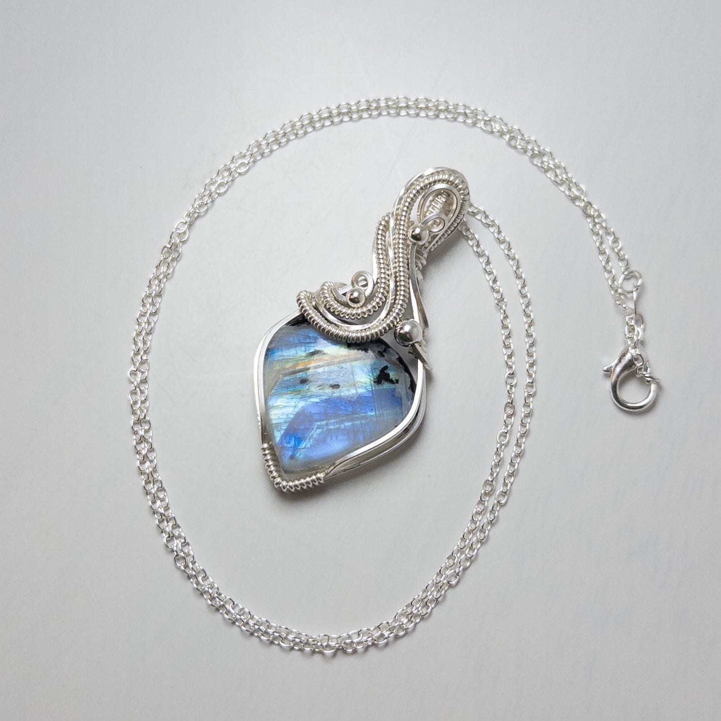 High Quality Rainbow Moonstone Sterling Silver Wrapped Pendant