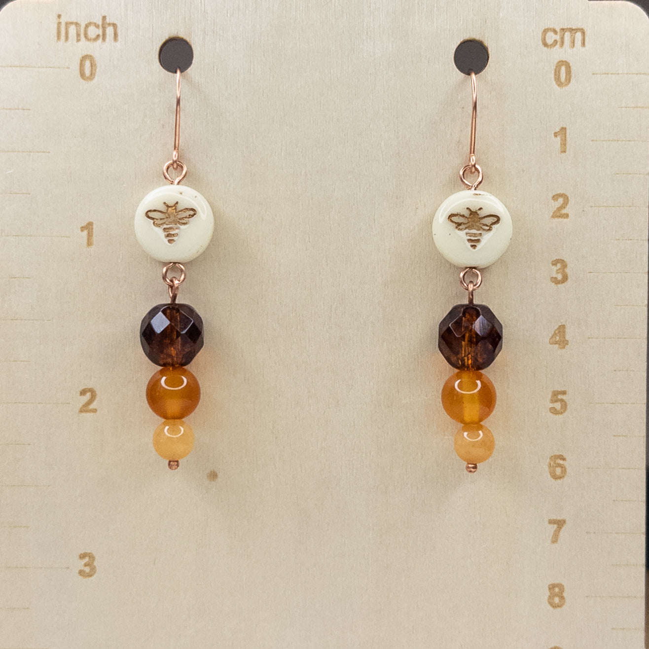 Honey Bee Earrings - Czech glass, carnelian, & orange aventurine beads