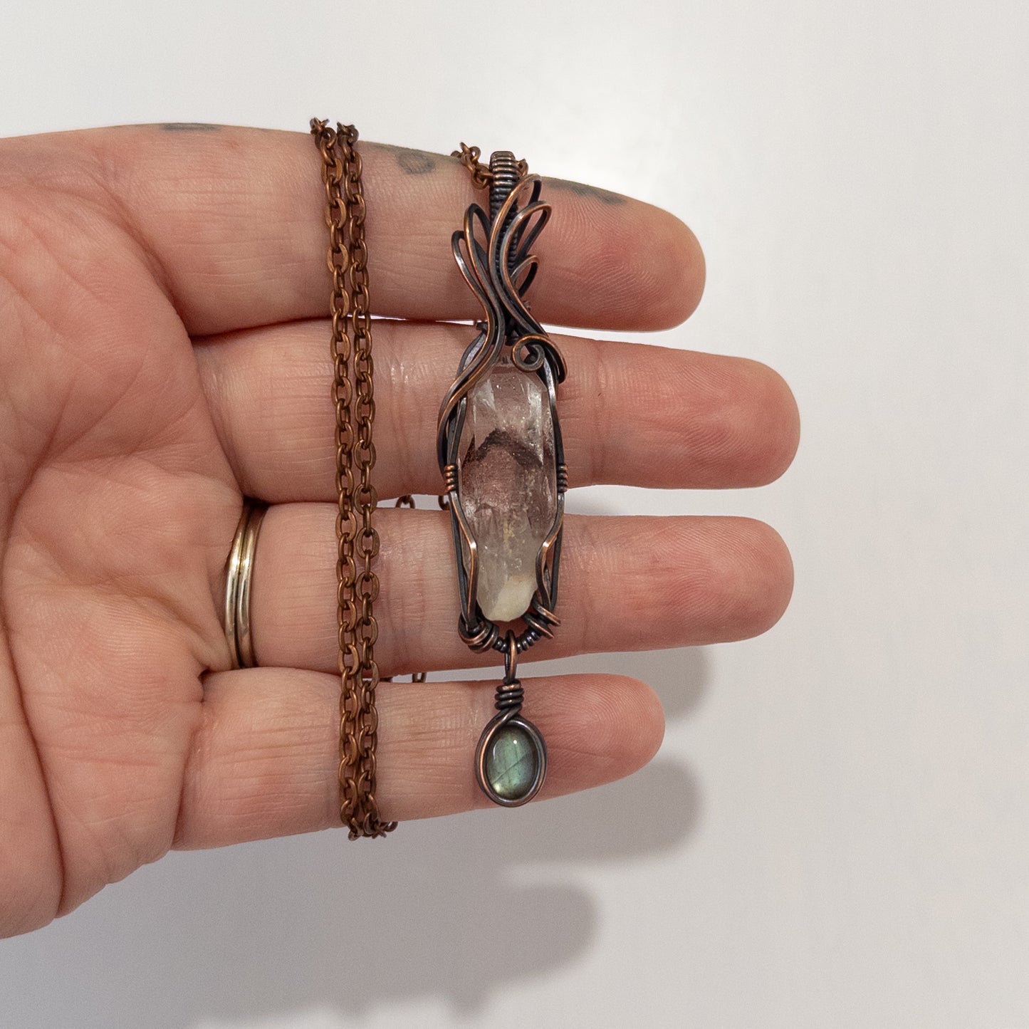 Sunset Phantom Quartz & Dangling Labradorite Copper Wrapped Pendant