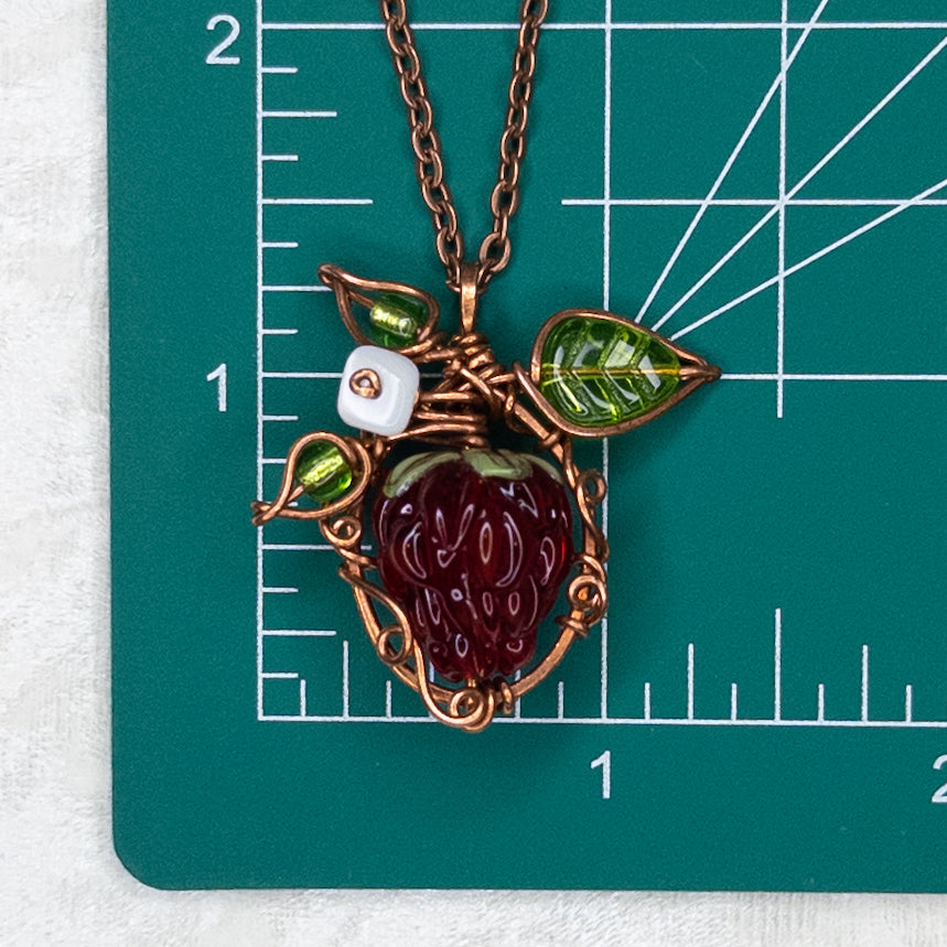 Whimsical Glass Raspberry Copper Wrapped Pendant with Shell Flower - E