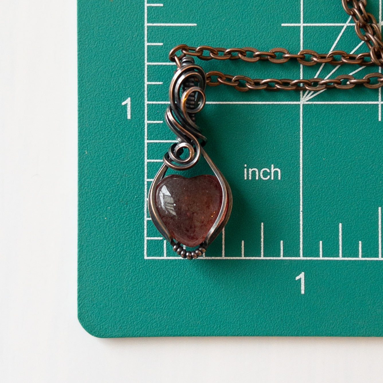 Mini Strawberry Quartz Heart & Copper Wrapped Pendant - D