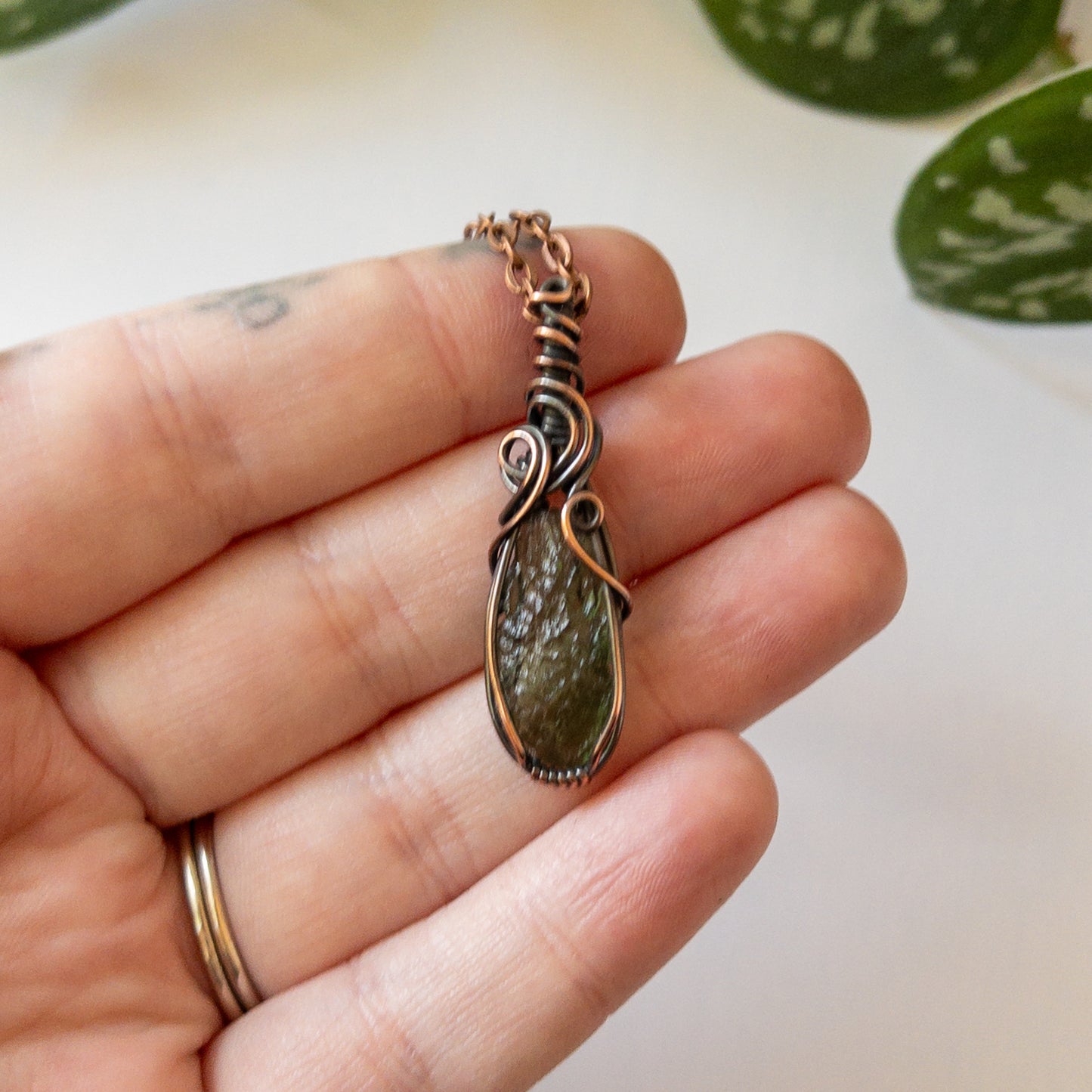 Moldavite Copper Wrapped Pendant