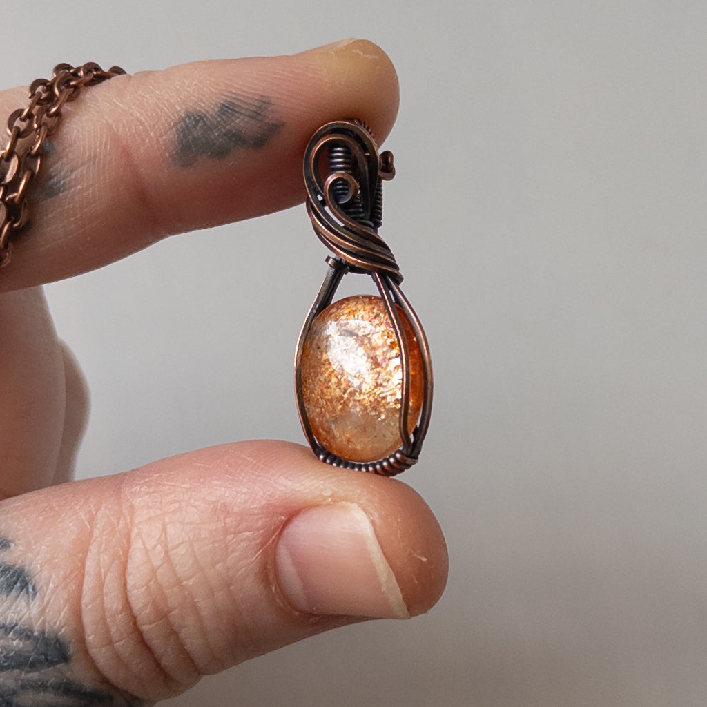 Dainty Sunstone Copper Wrapped Pendant