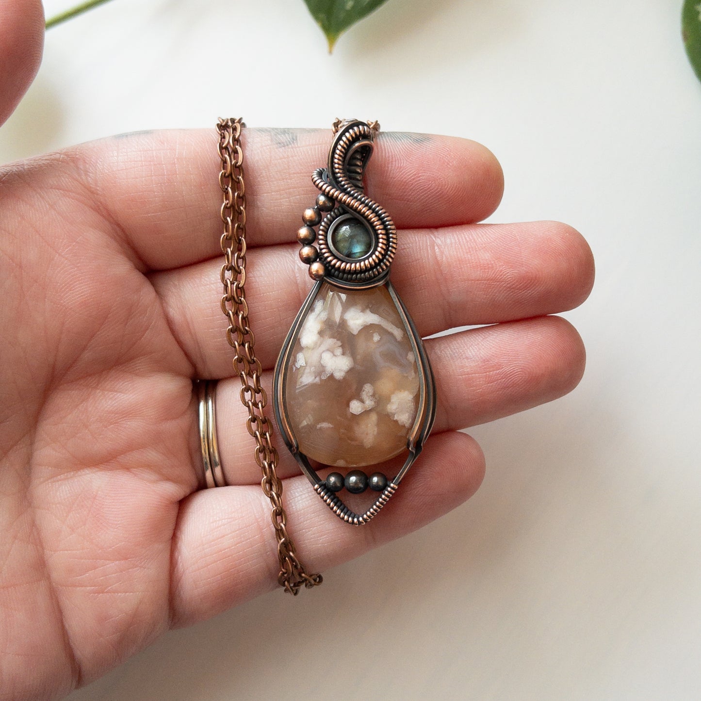 Flower Agate With Labradorite Accent & Copper Wrapped Pendant