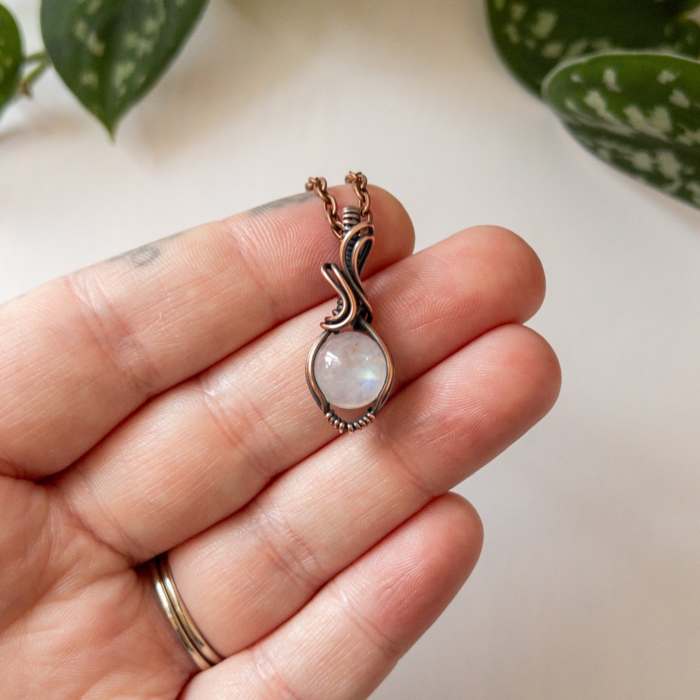 Rainbow Moonstone & Copper Wrapped Pendant