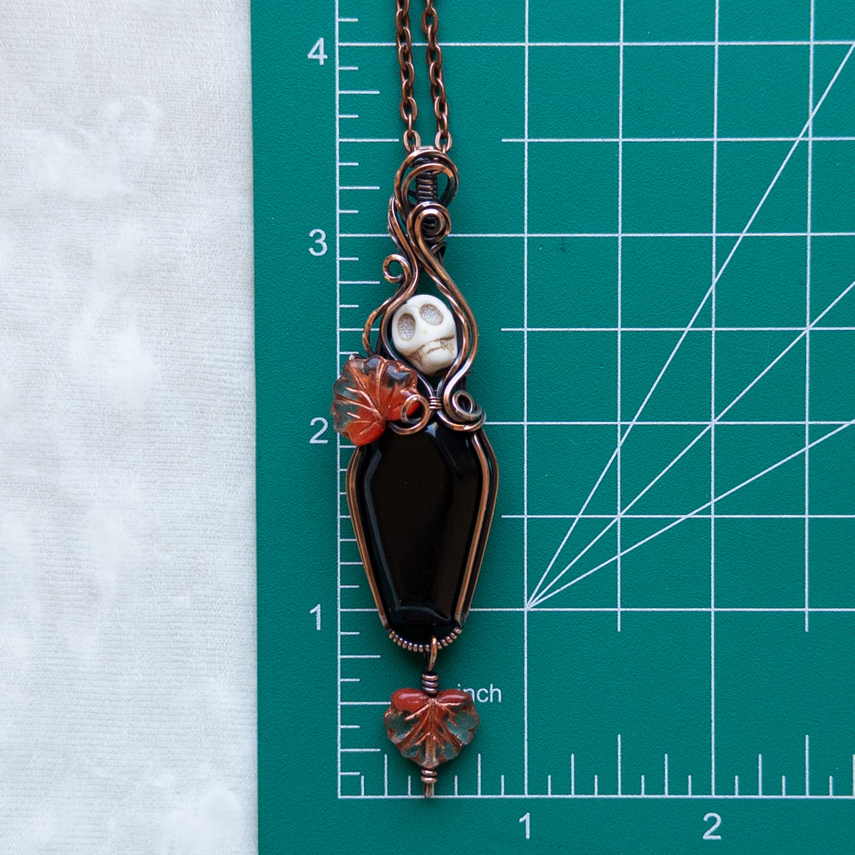 Obsidian Coffin & Skull Antiqued Copper Pendant With Czech Glass Leaves